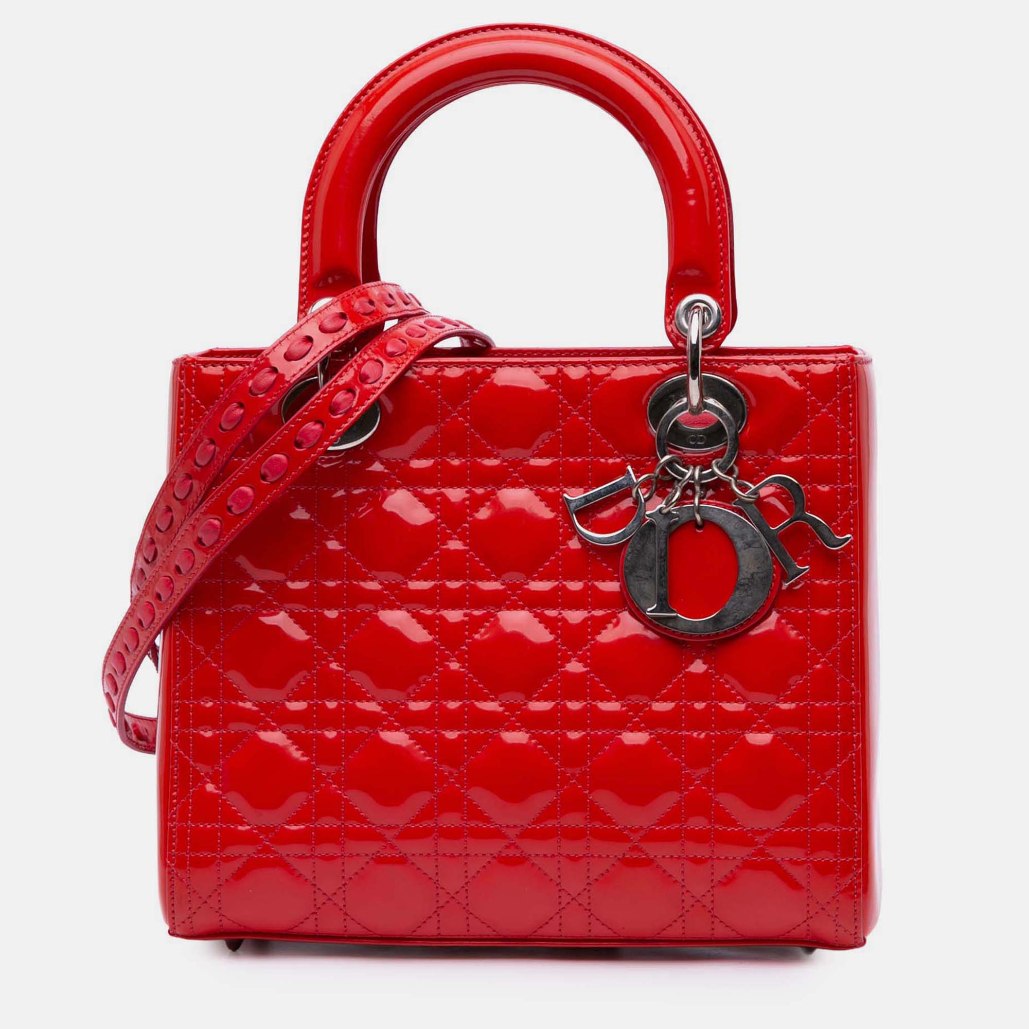 

Dior Red Medium Patent Cannage Whipstitch Lady Dior