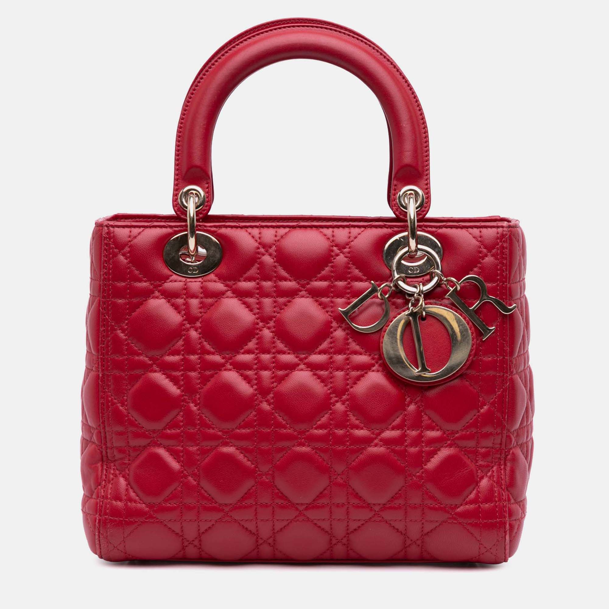 

Dior Red Medium Lambskin Cannage Lady Dior