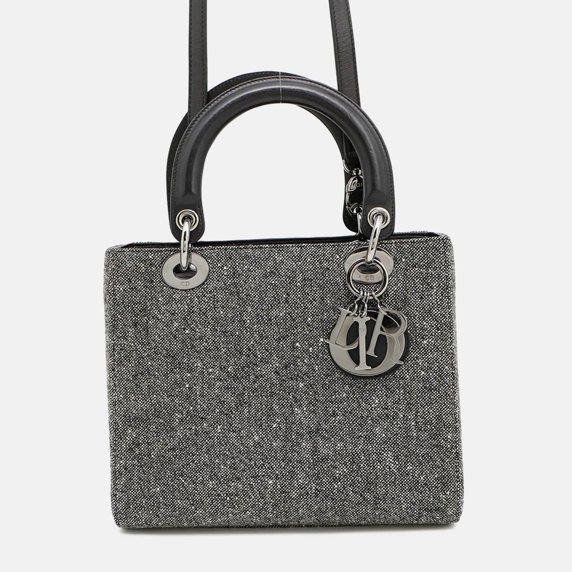 

Dior Lady Dior Handbag Gray/Black Canvas Leather Size Medium