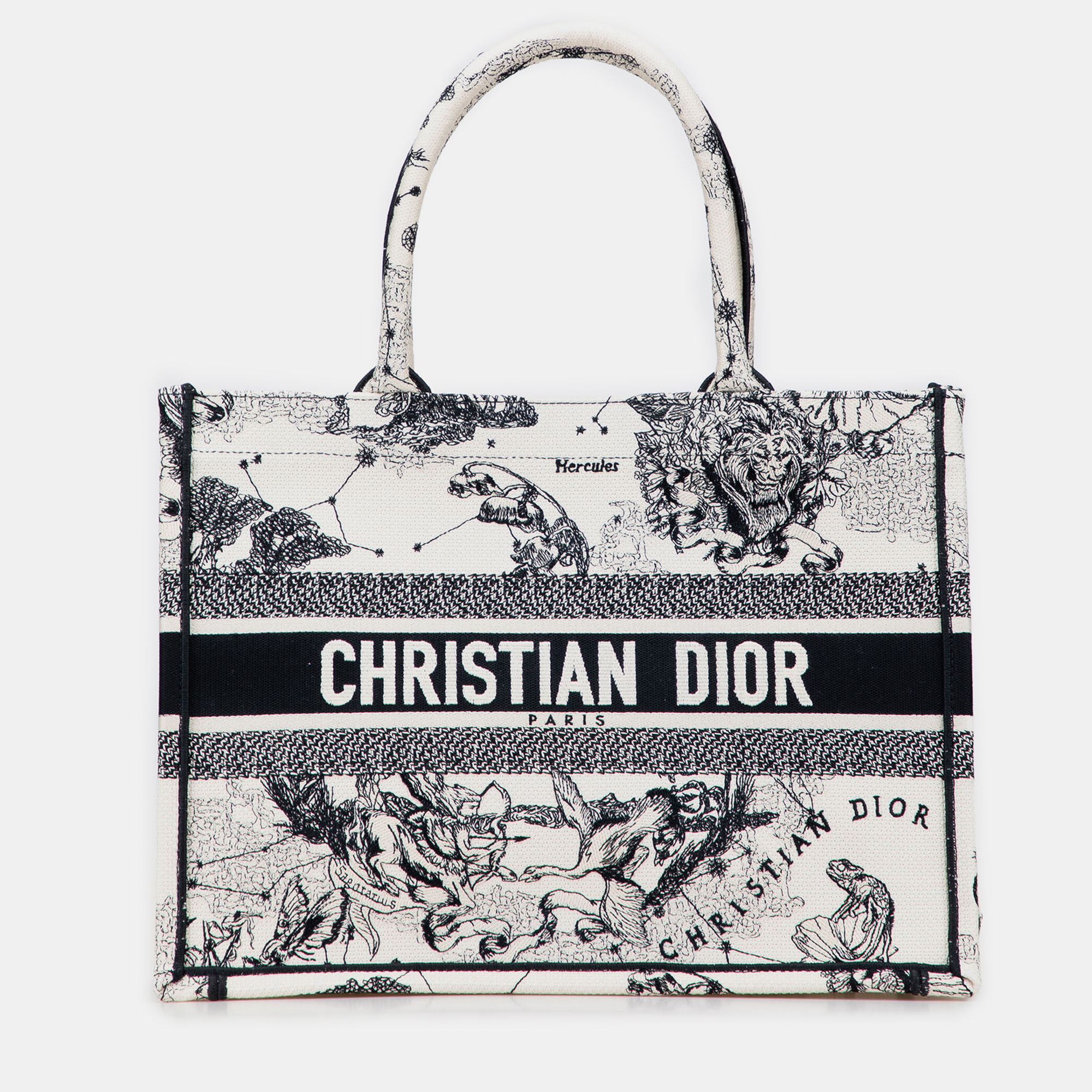 Pre-owned Dior White Medium Canvas Embroidered Zodiac Toile De Jouy Book Tote