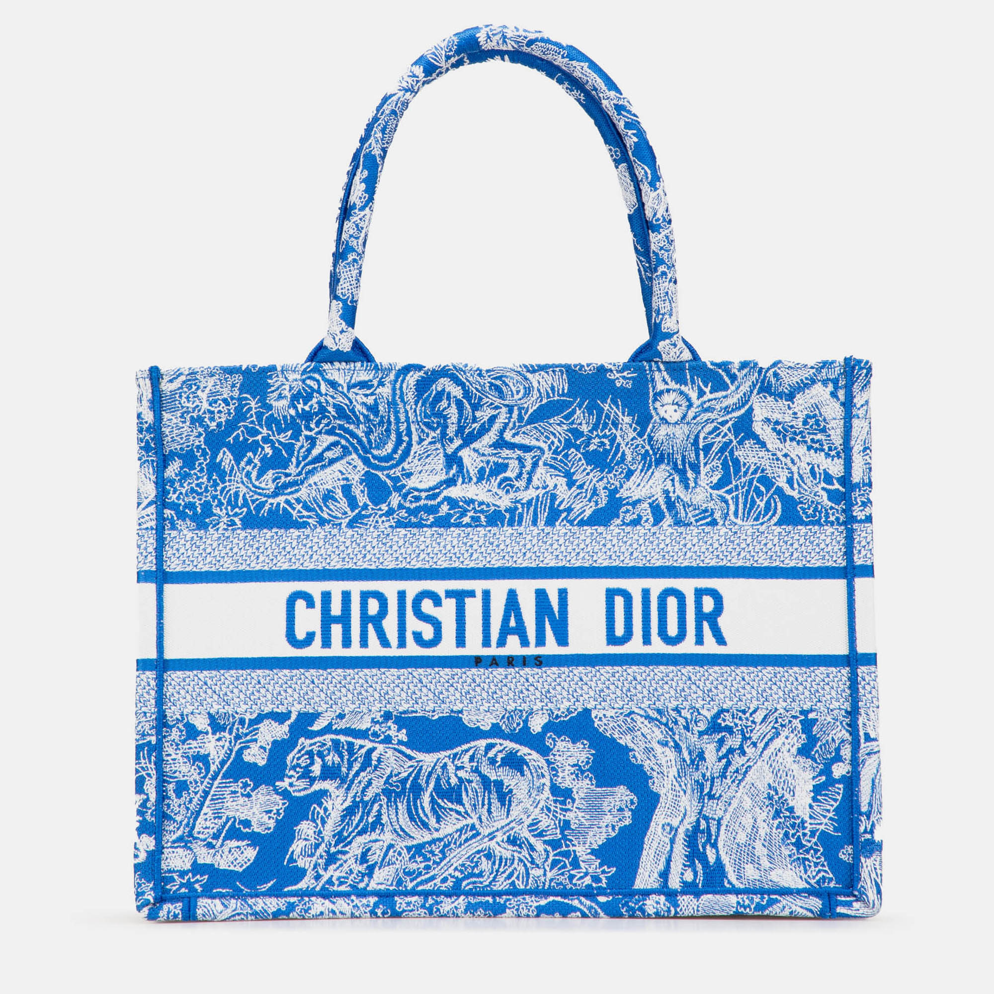 Pre-owned Dior Medium Canvas Embroidered Iviera Toile De Jouy Book Tote In Blue