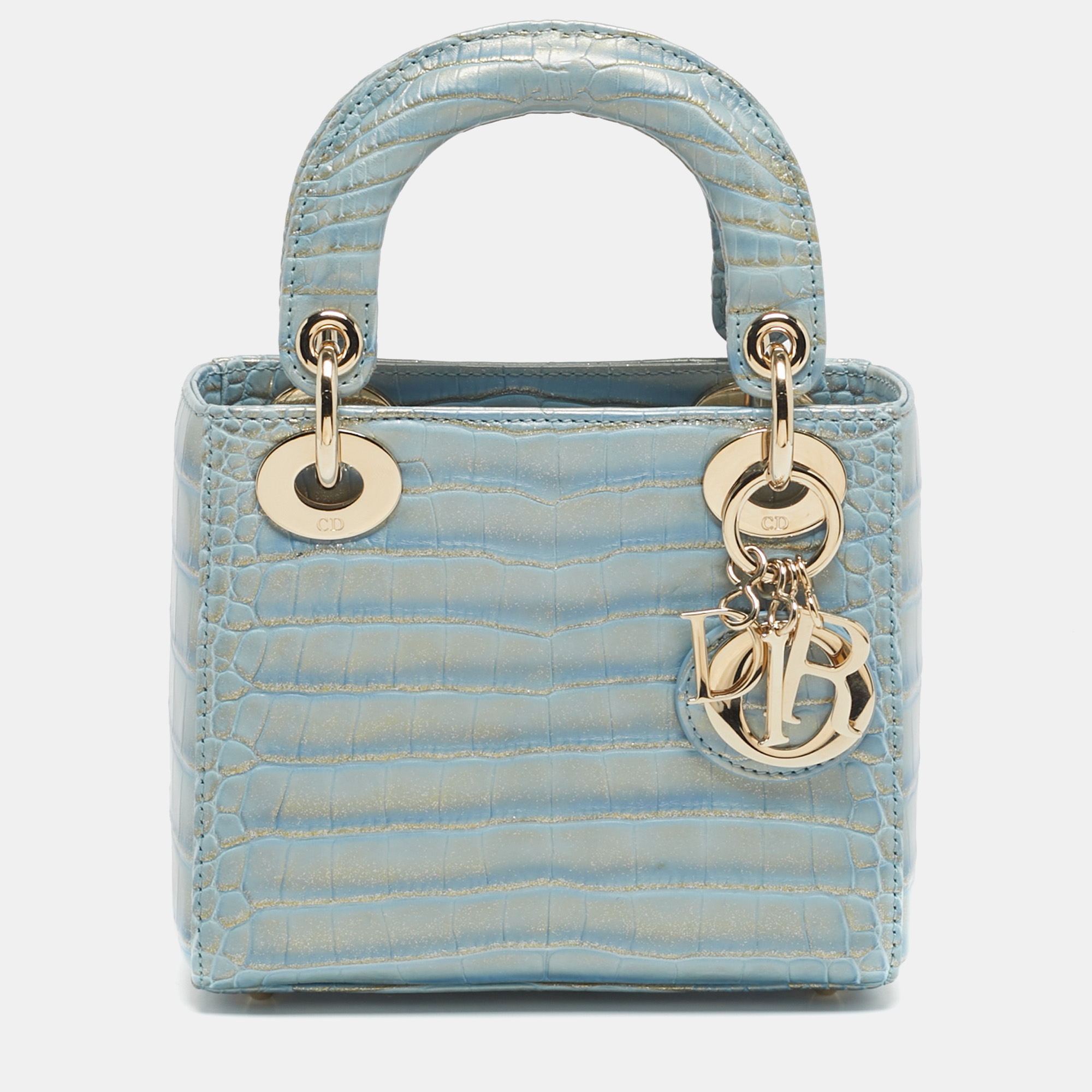 

Dior Light Blue/Gold Glitter Alligator Mini Lady Dior Tote