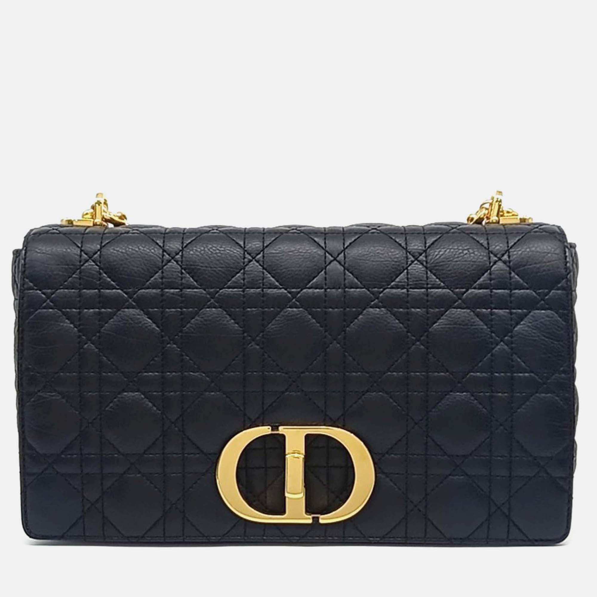Pre-owned Dior Cannage Caro Bag Large In Black