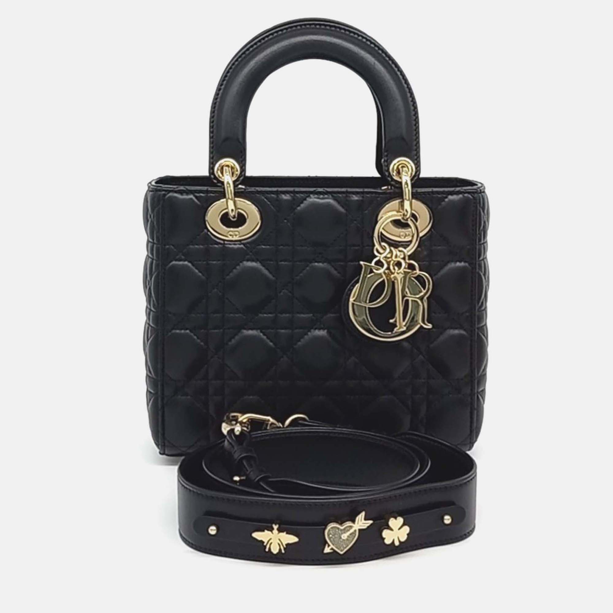 

Dior Black Leather Christian Cannage Lady Bag Small