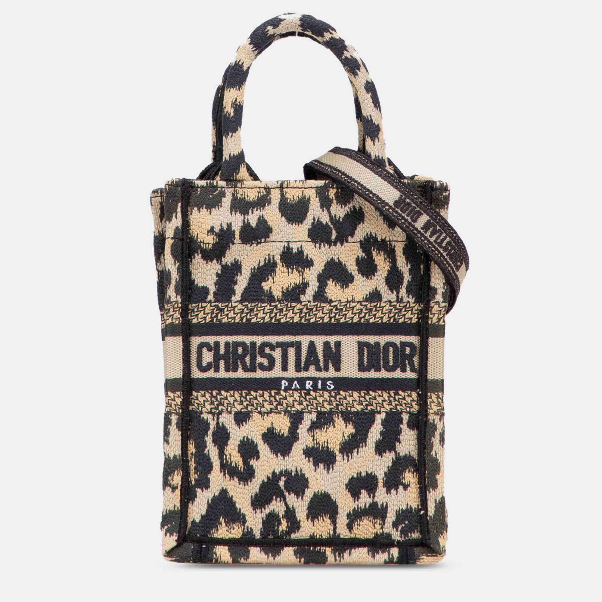 Pre-owned Dior Beige/black Mizza Mini Embroidered Canvas Leopard Vertical Book Tote In Sand
