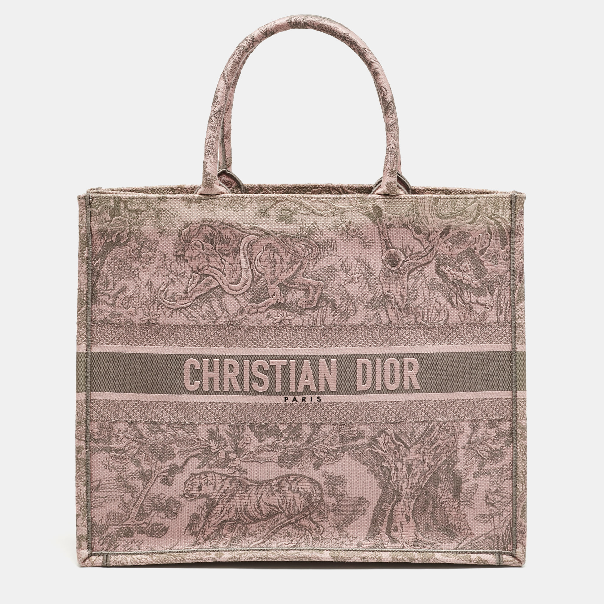 Pre-owned Dior Pink/grey Toile De Jouy Embroidered Canvas Large Book Tote