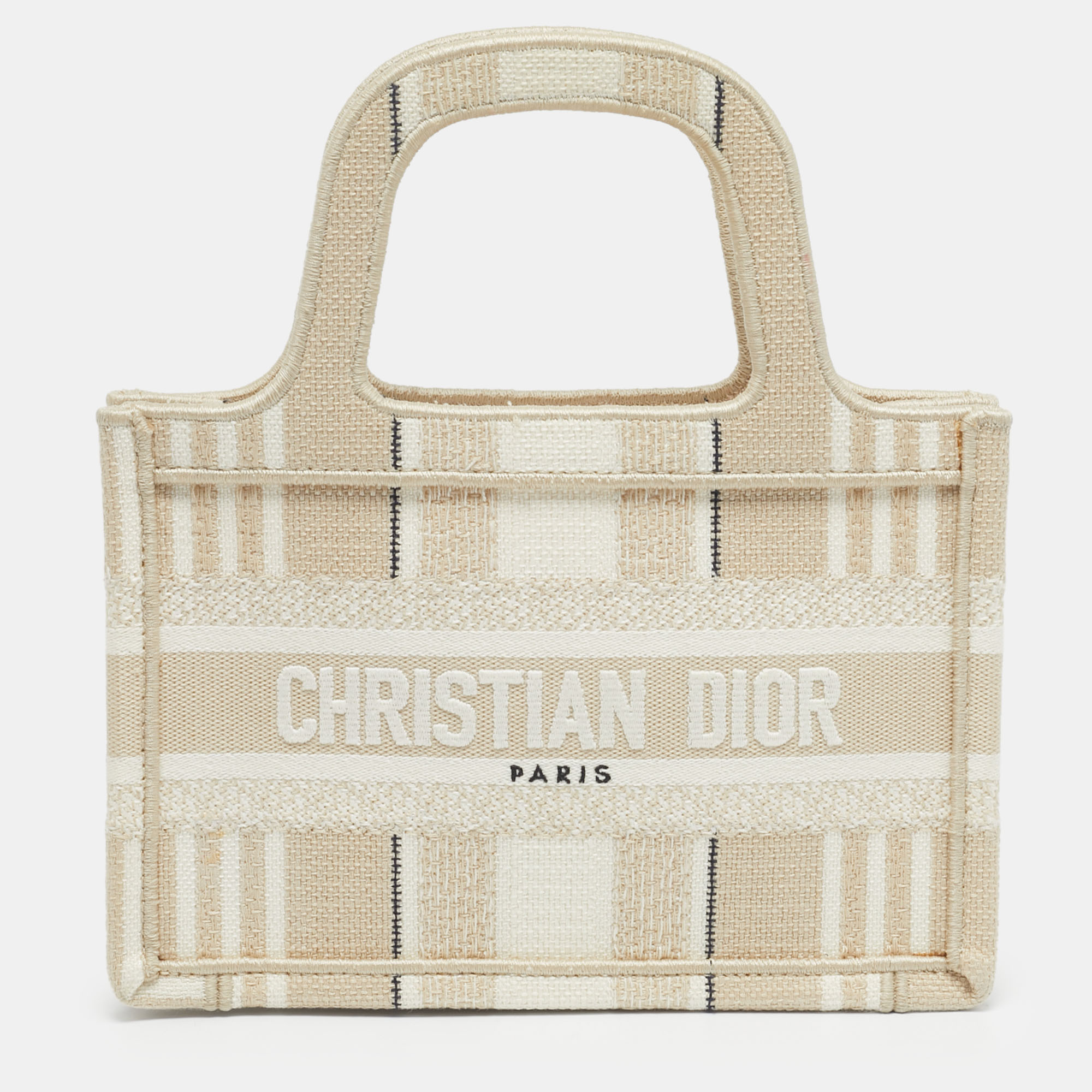 

Dior Beige Stripes Embroidered Canvas Mini Book Tote