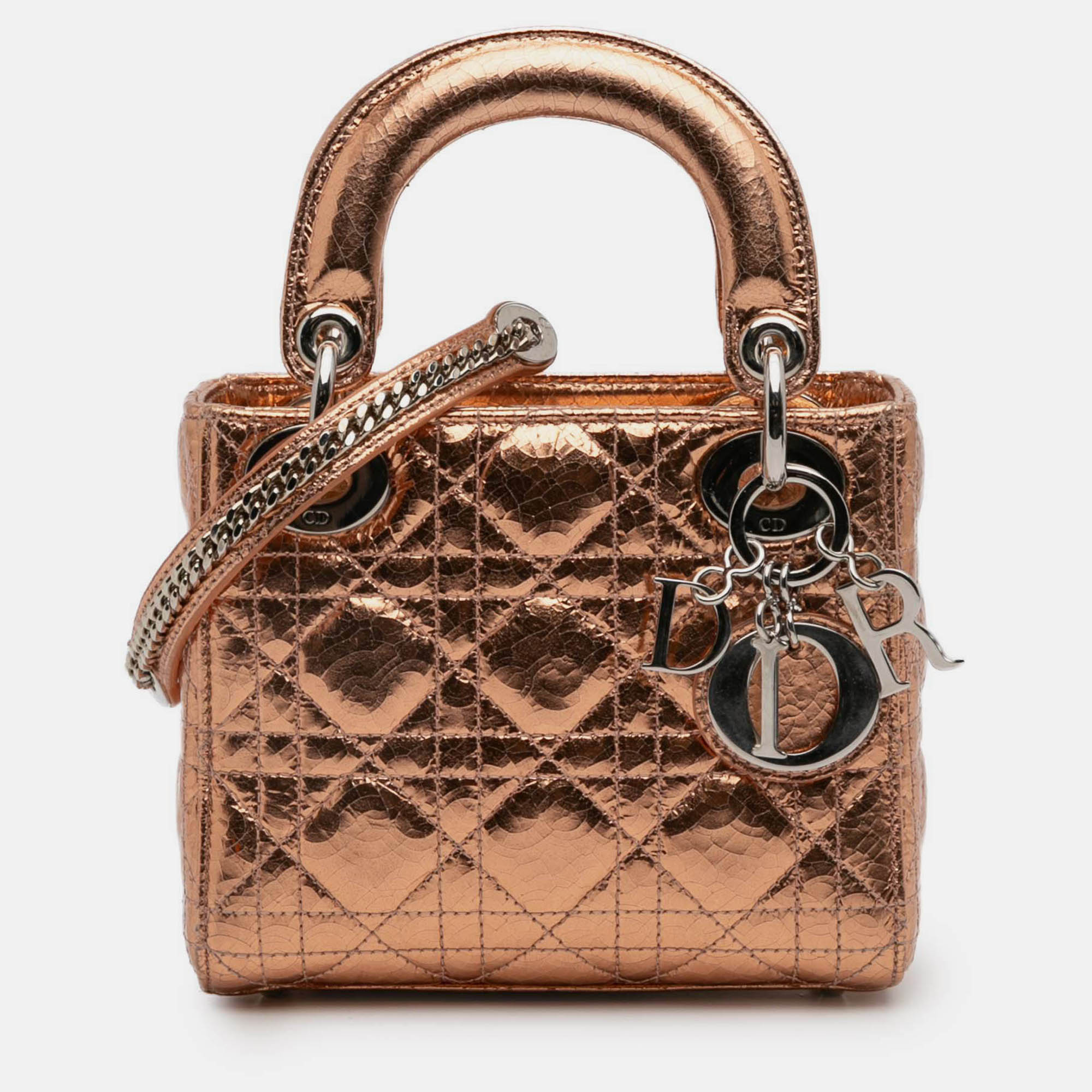 

Dior Brown Mini Metallic Crinkled Calfskin Cannage Lady Dior