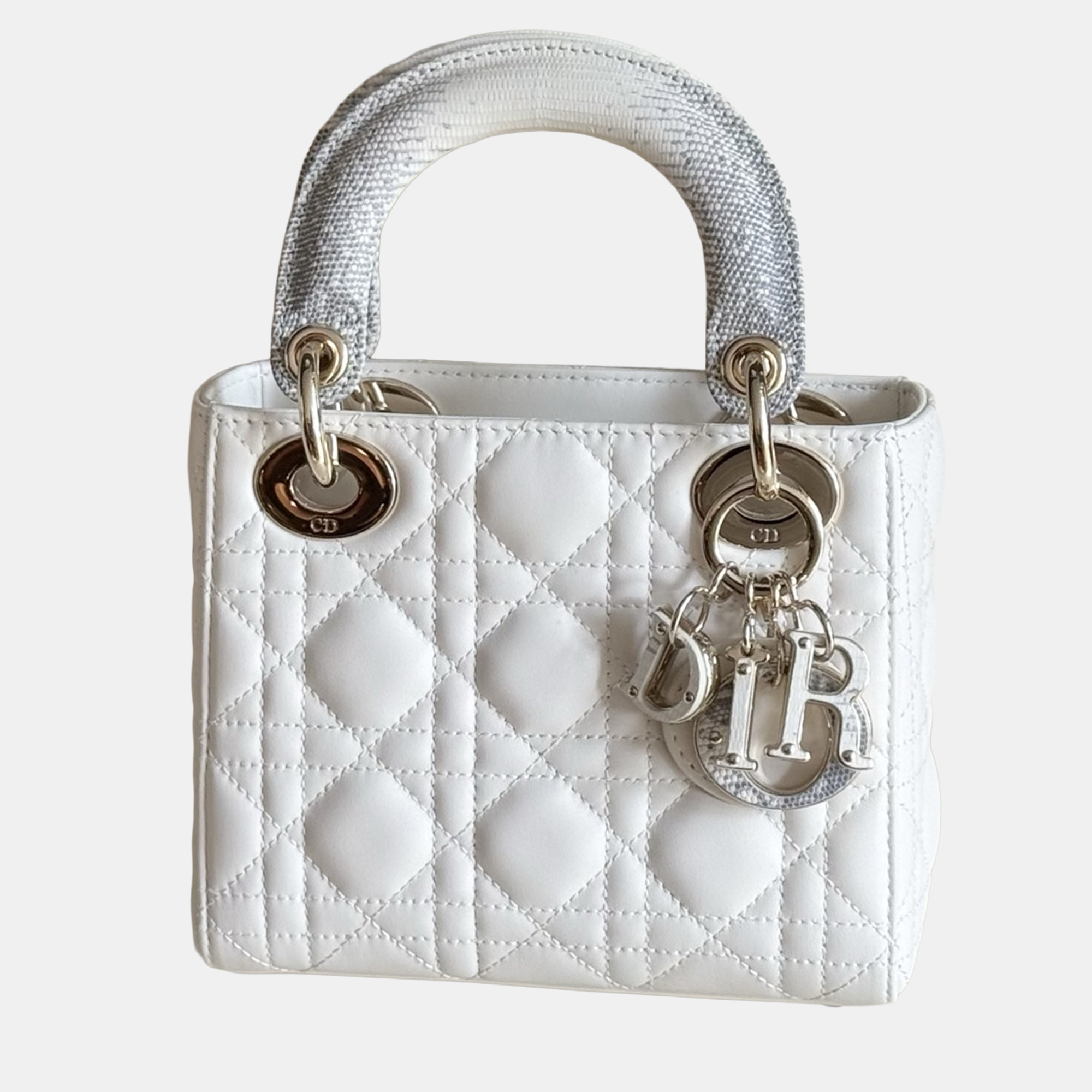 

Dior Lady Dior Lizard Handles White Leather Bag