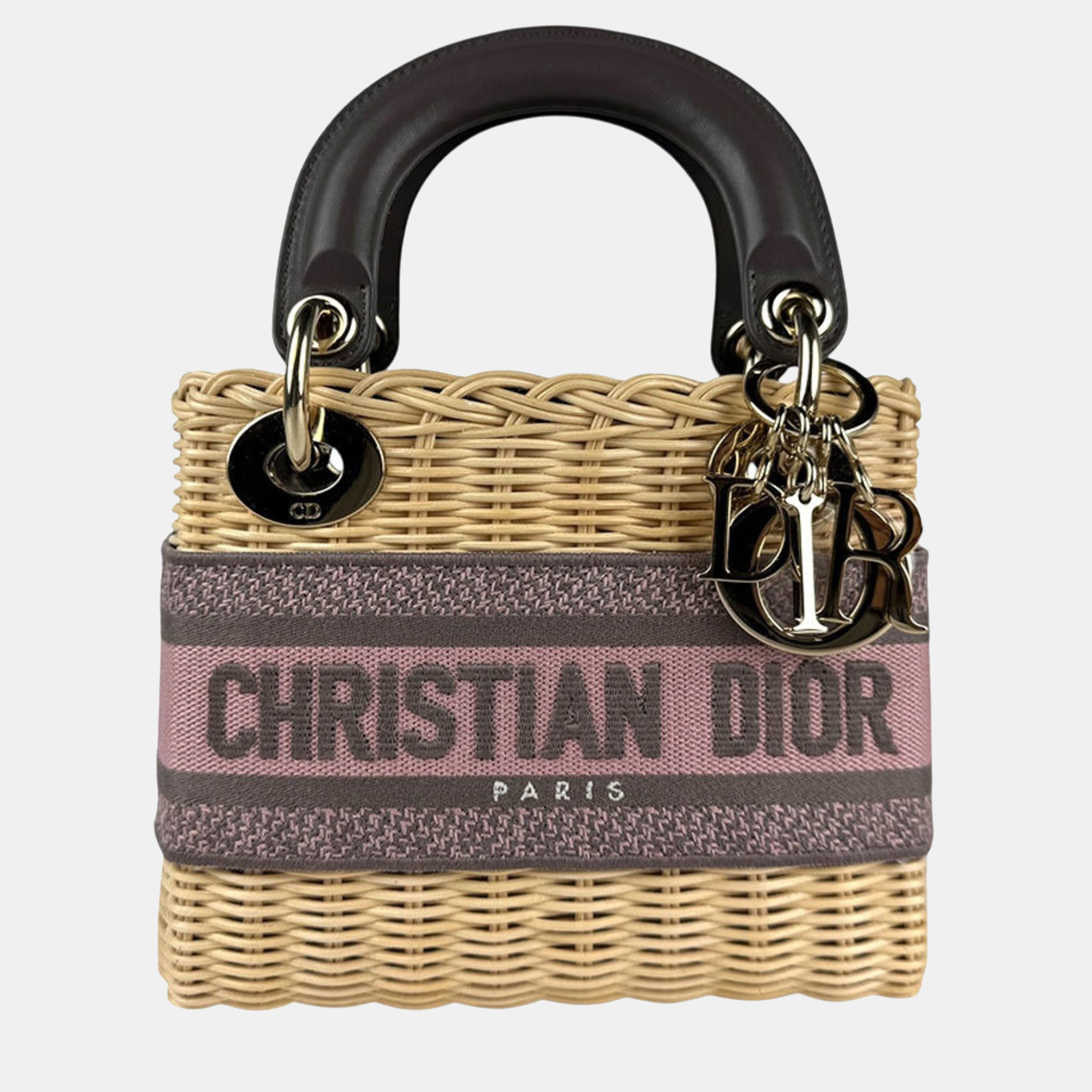 Pre-owned Dior Christian  Lady Straw Canvas Handbag Shoulder Bag In Natural Pink Gray And Gold