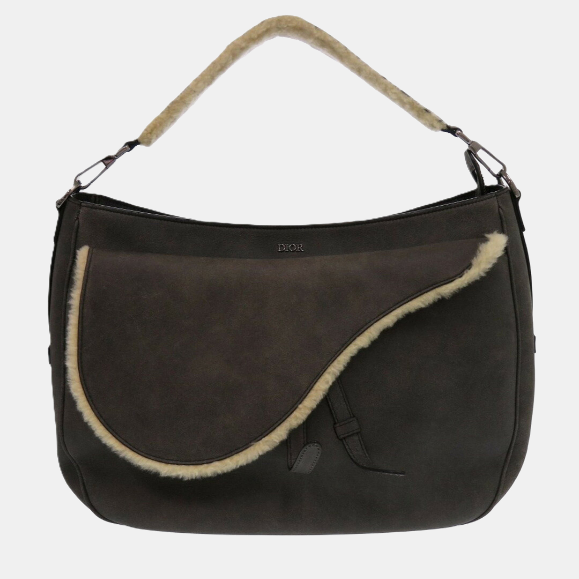Christian Dior Saddle Shearling Mouton Gray Shoulder Bag