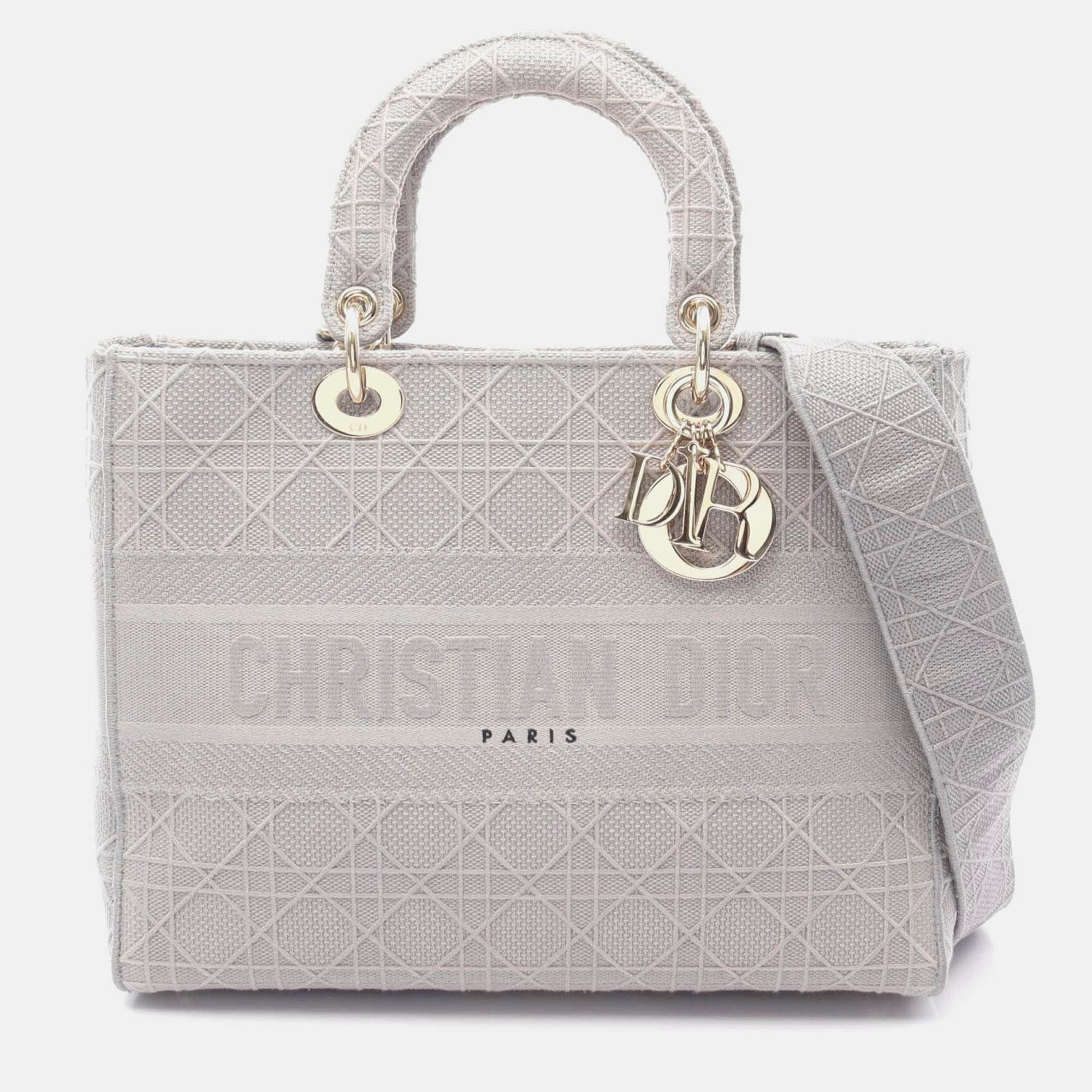 

Christian Dior Lady D-Lite Large Cannage Handbag Canvas Gray, Grey