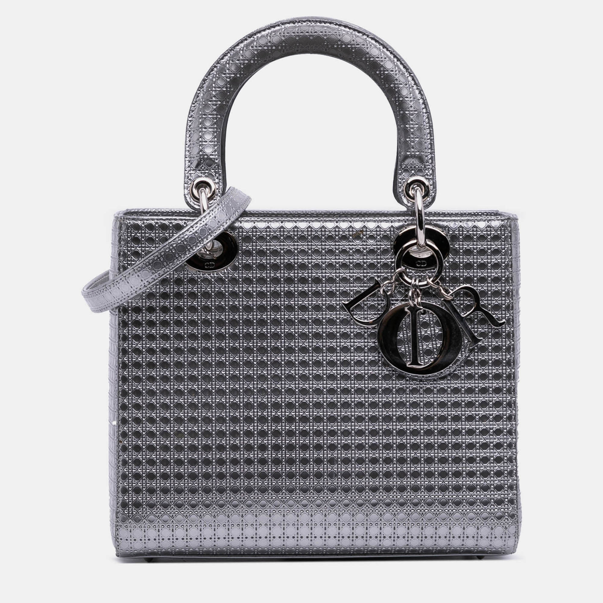 

Dior Silver Medium Metallic Patent Microcannage Lady Dior
