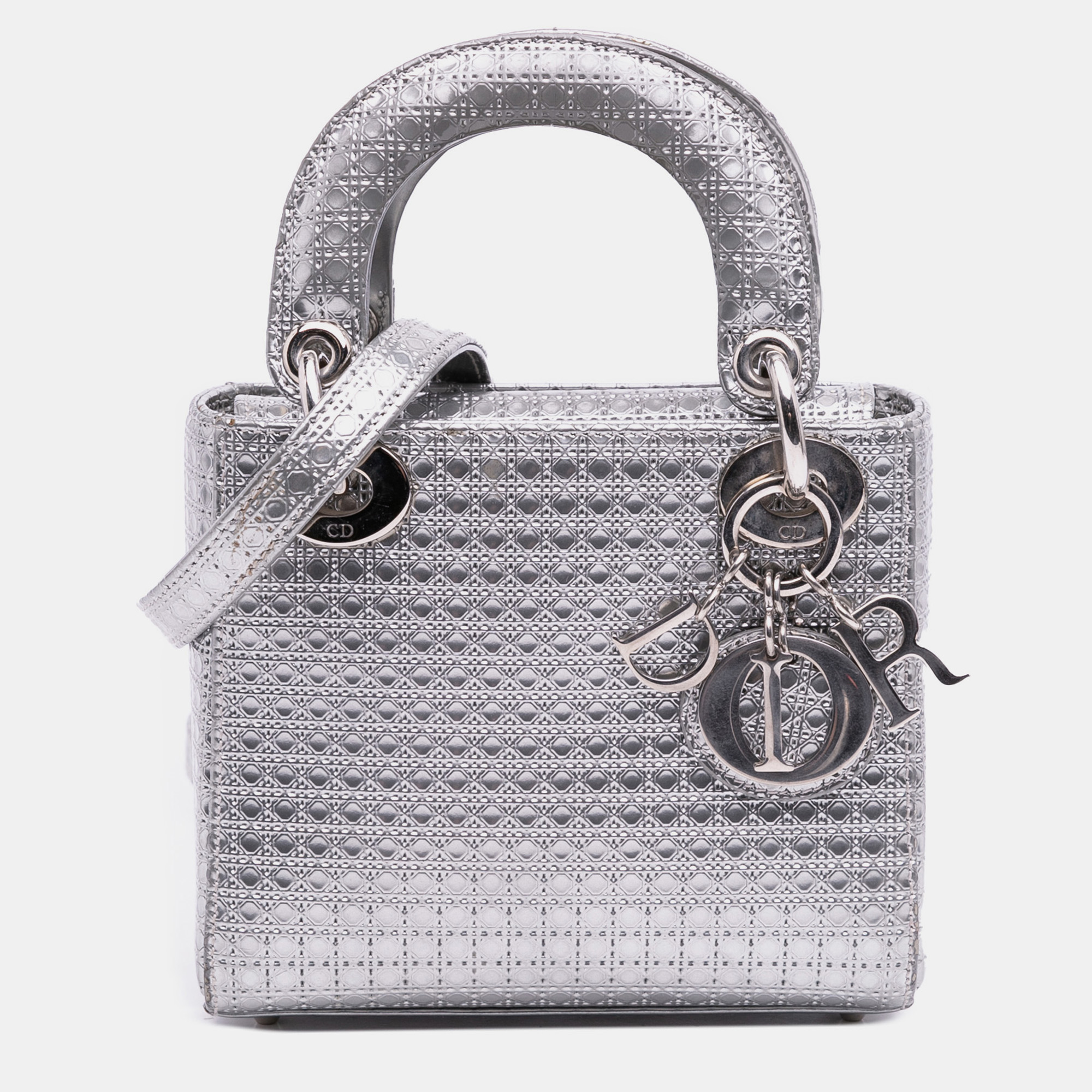 

Dior Silver Mini Metallic Patent Microcannage Lady Dior