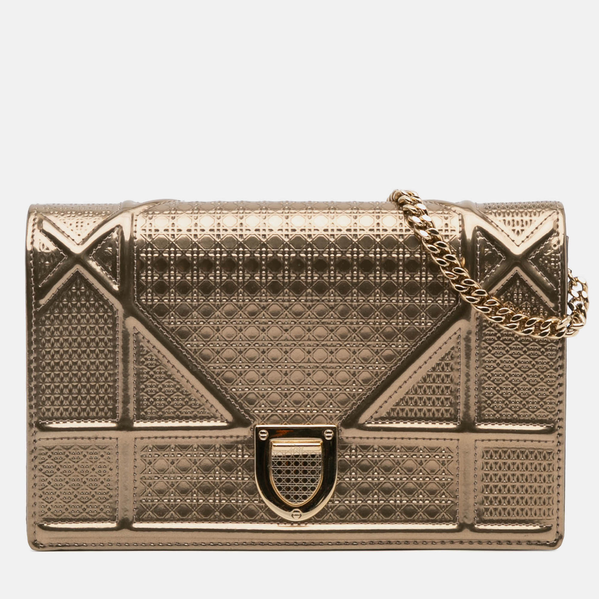 

Dior Gold Metallic Patent Microcannage Diorama Wallet on Chain