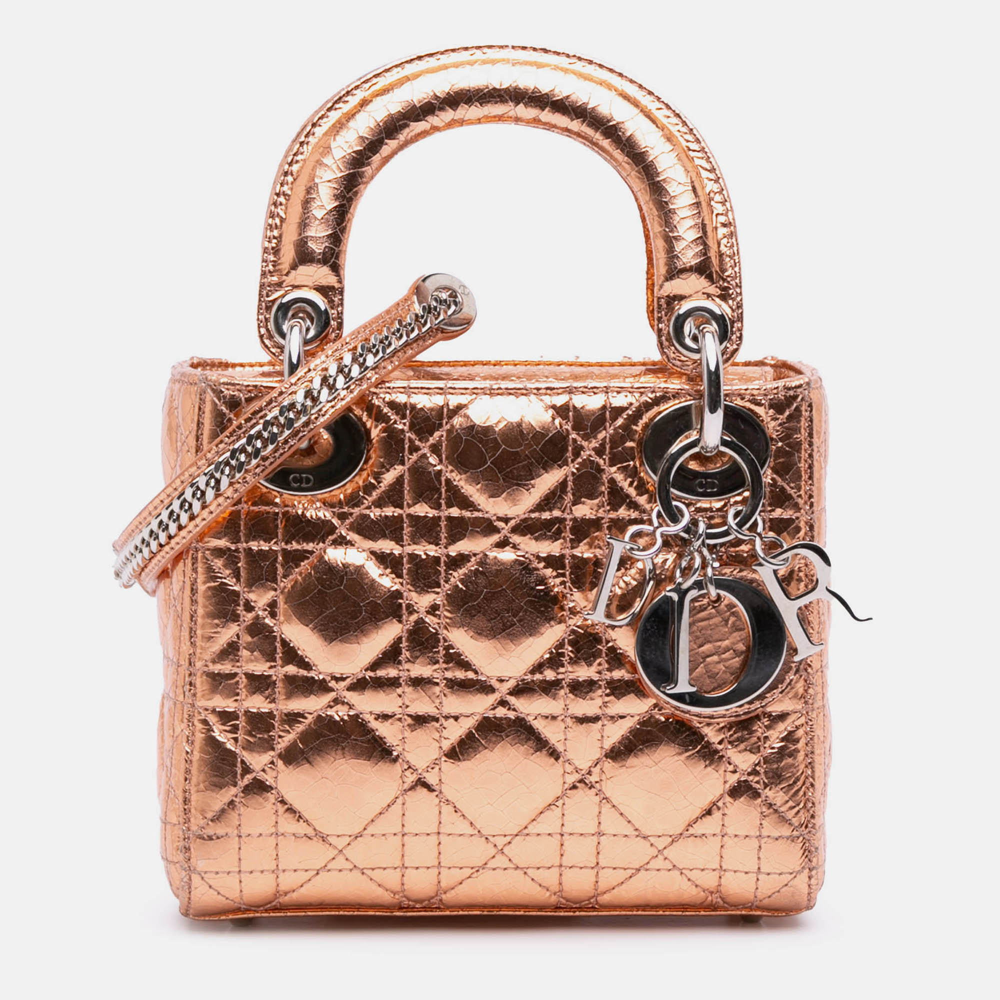 

Dior Brown Mini Metallic Crinkled Calfskin Cannage Lady Dior