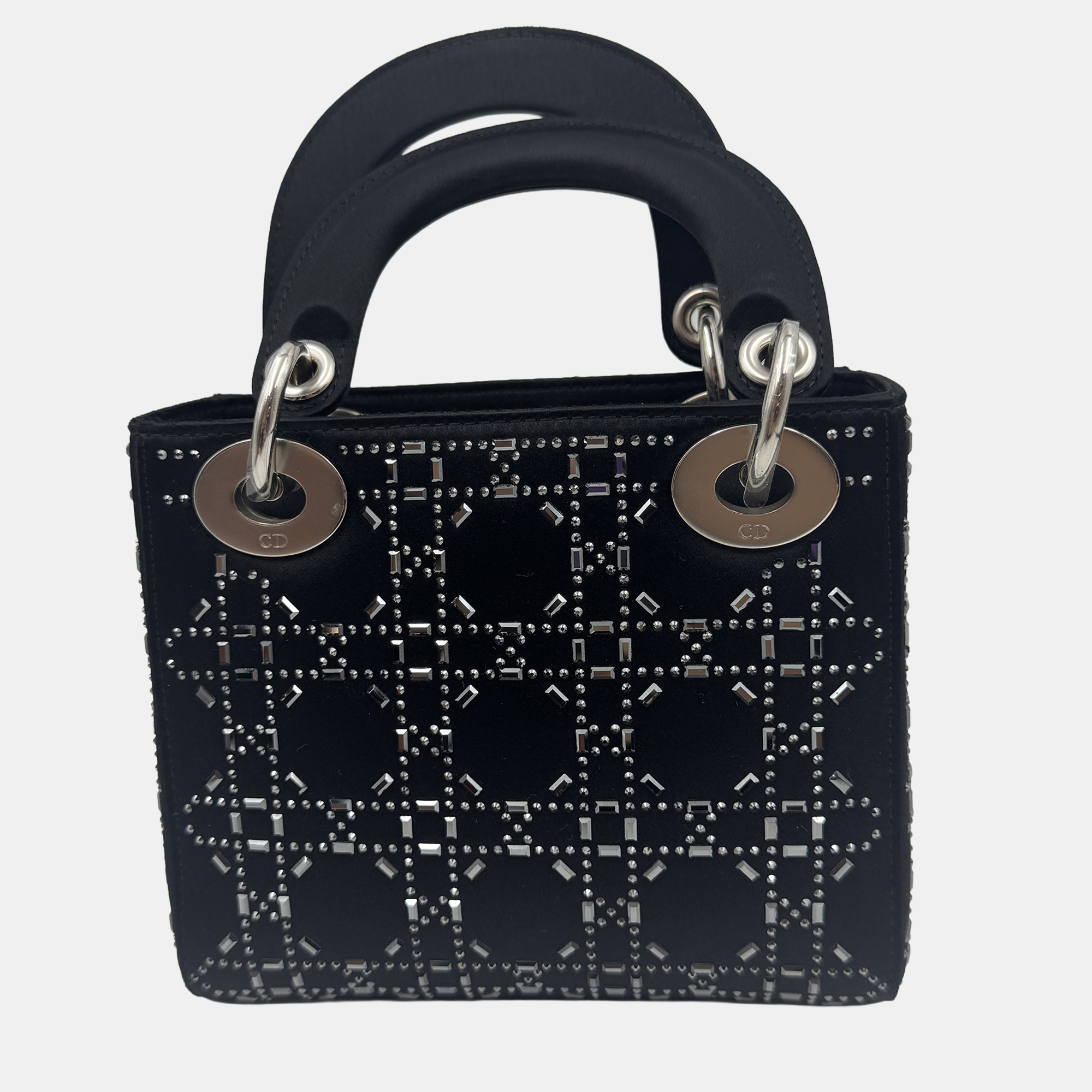 

Dior Black Cannage Satin Mini Crystal Embellished Lady Dior Tote