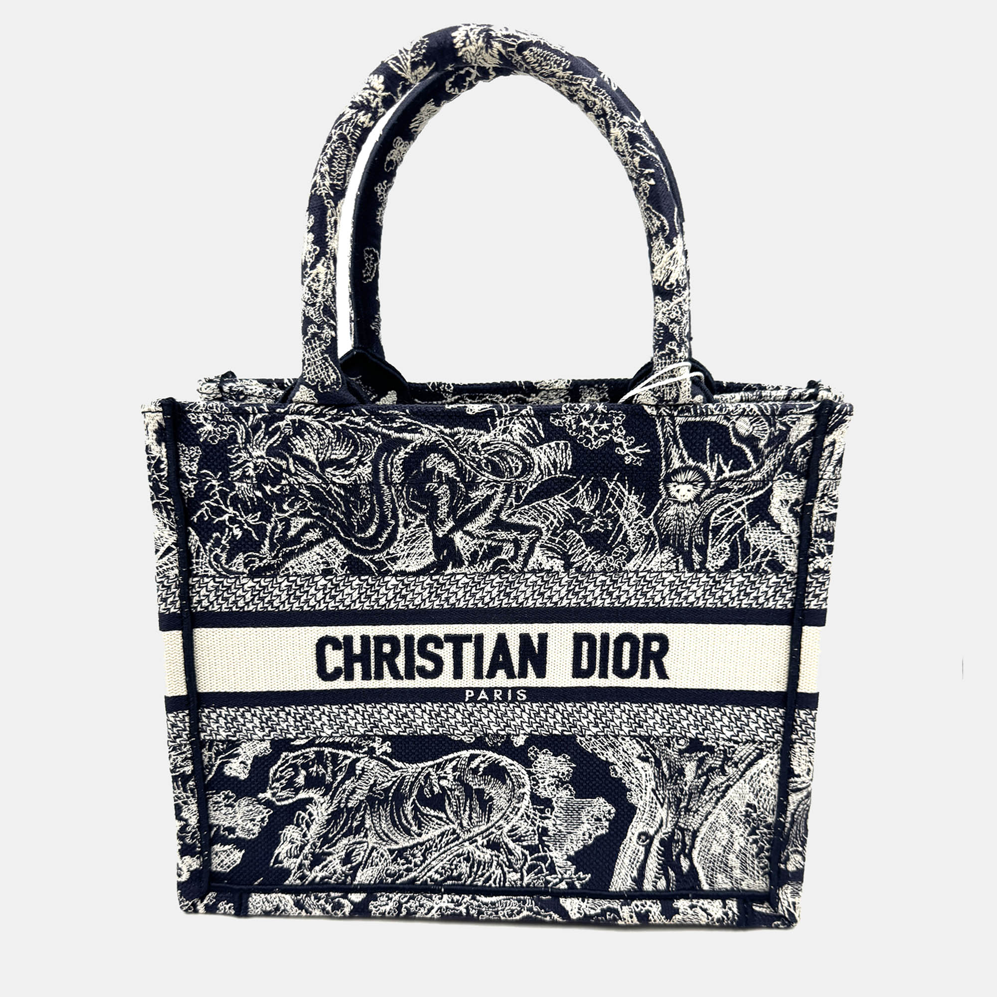 Pre-owned Dior Navy Bluewhite Embroidered Canvas Small Toile De Jouy Book Tote