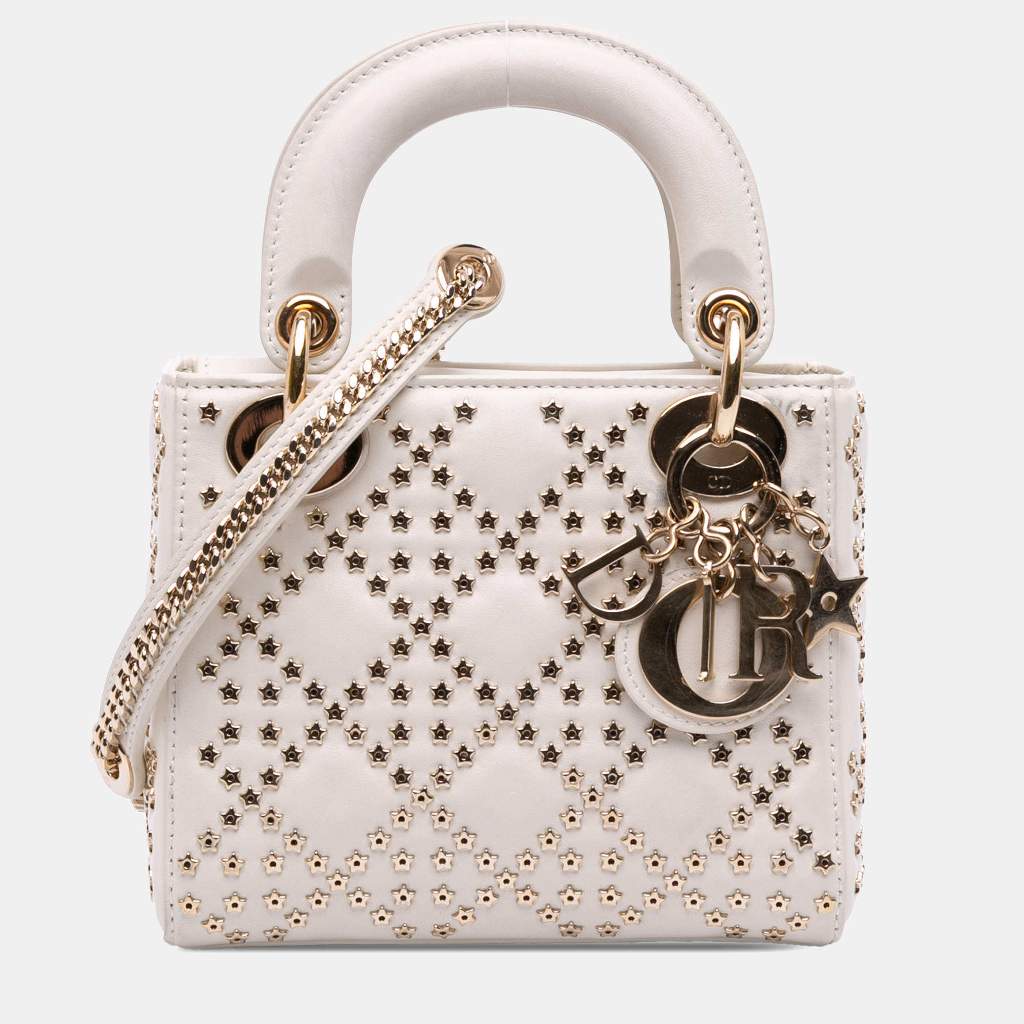 

Dior White Mini Lambskin Cannage Lucky Star Studded Lady Dior