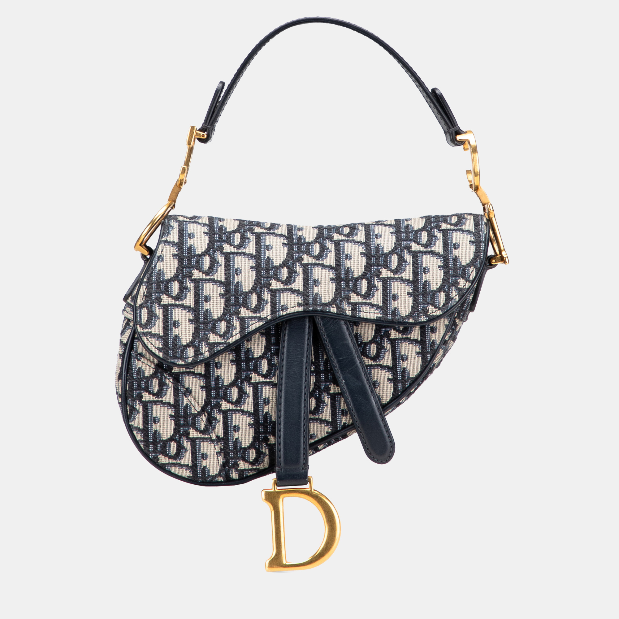Pre-owned Dior Navy Blue Mini Oblique Canvas Saddle Bag