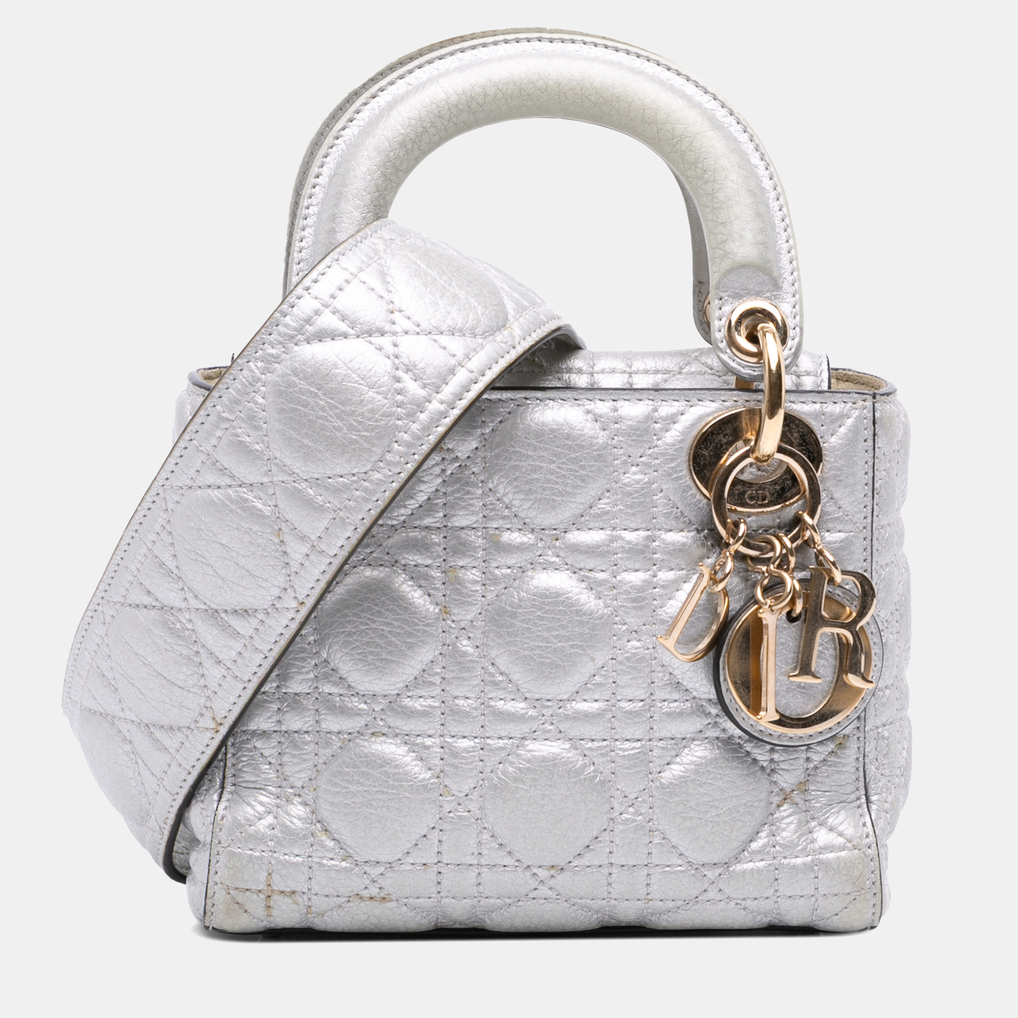

Dior Silver Mini Metallic Grained Calfskin Cannage Lady Dior