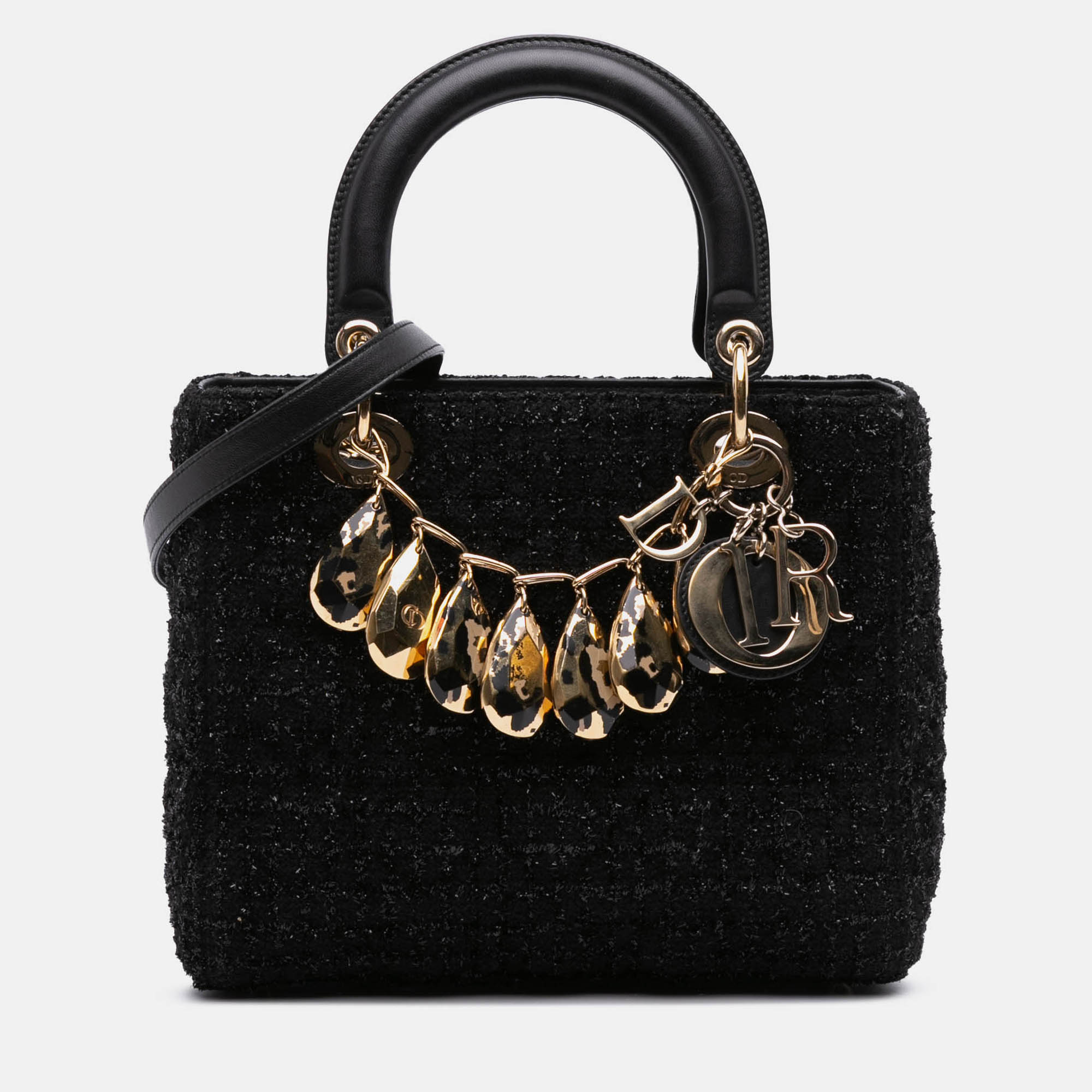 

Dior Black Medium Tweed Cannage Glitter Leopard Charm Lady Dior