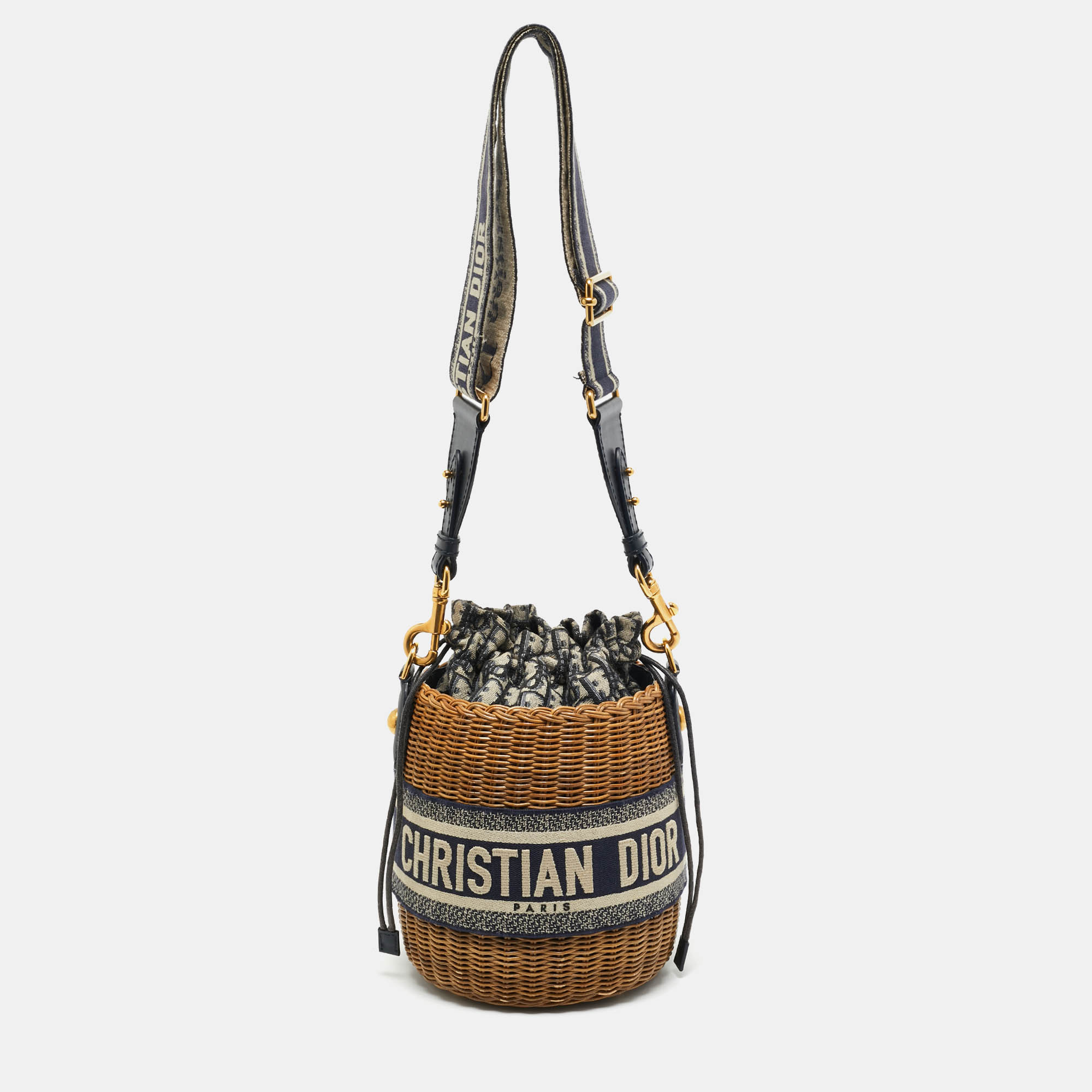 

Dior Navy Blue/Brown Oblique Canvas and Raffia Drawstring Bucket Bag
