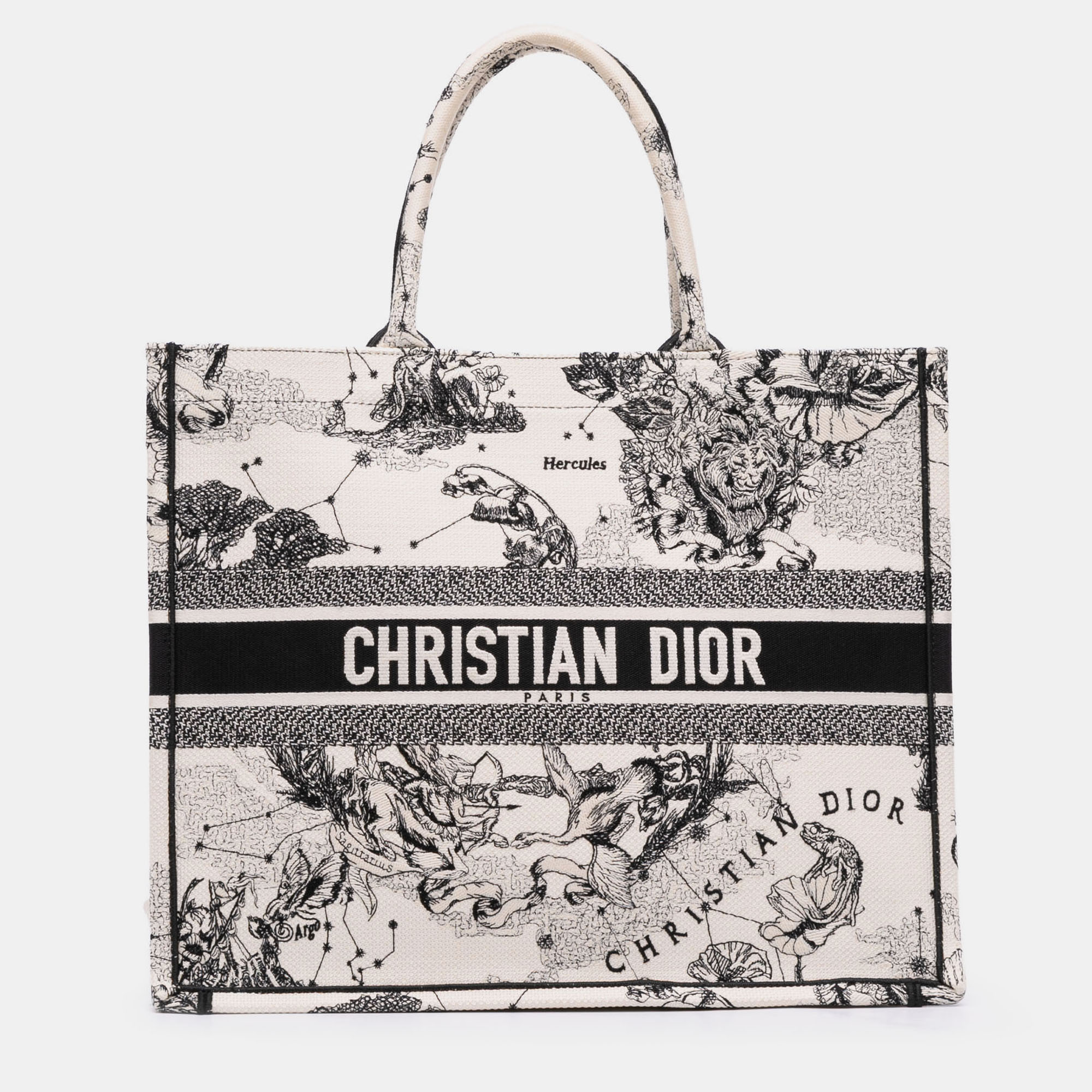 Pre-owned Dior White Large Canvas Embroidered Zodiac Toile De Jouy Book Tote