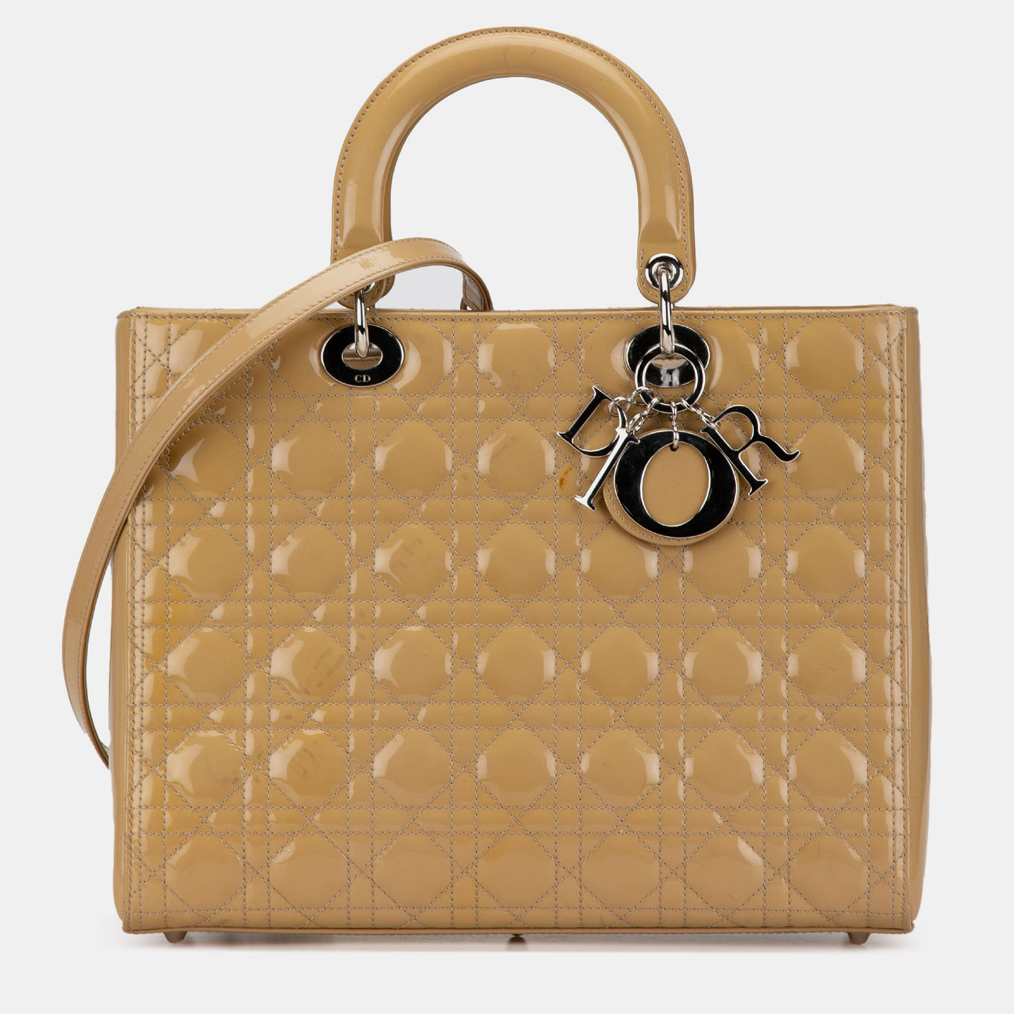 Dior Beige Brown Large Patent Cannage Lady Dior