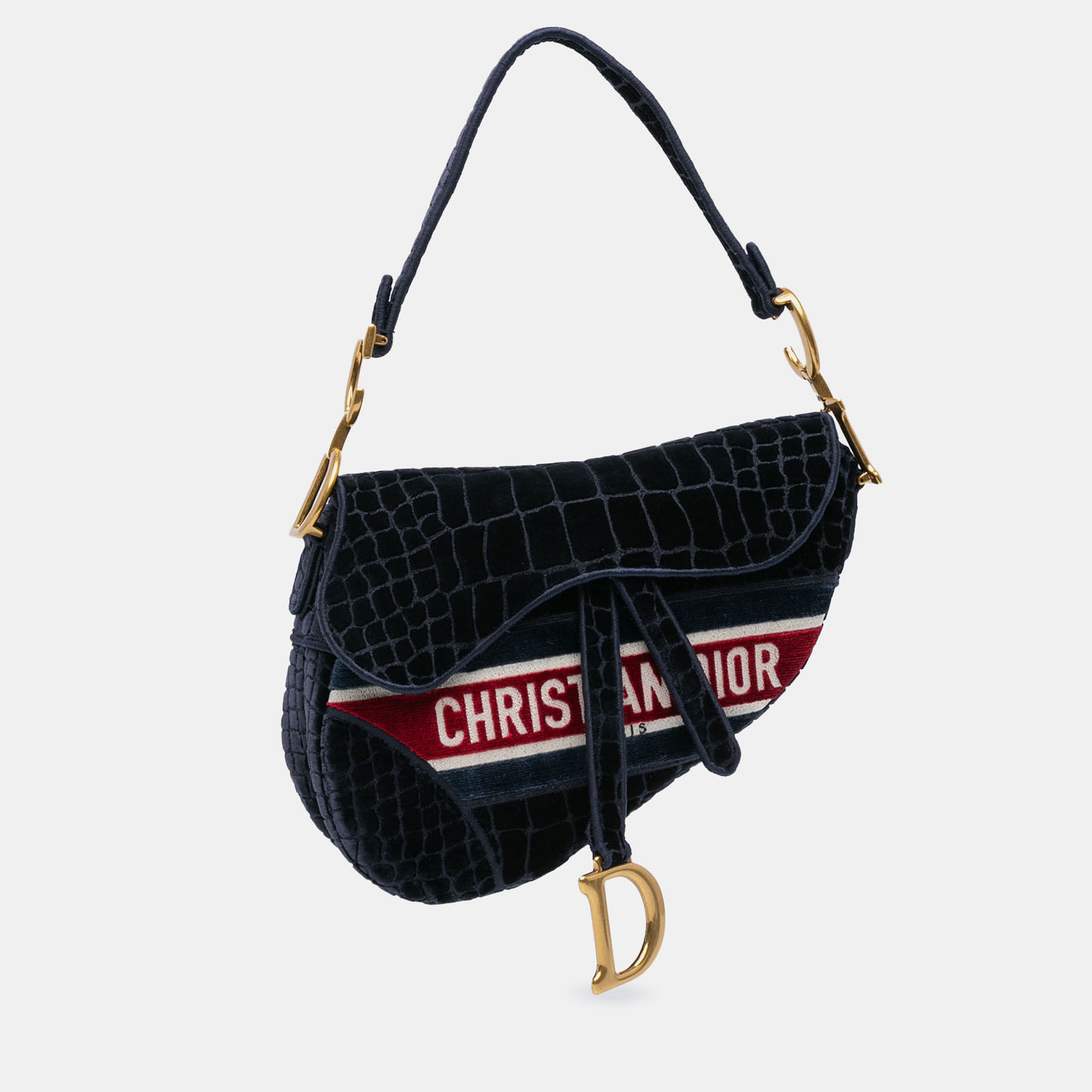 Dior Navy Blue Velvet Embroidered Crocodile Effect Saddle Bag