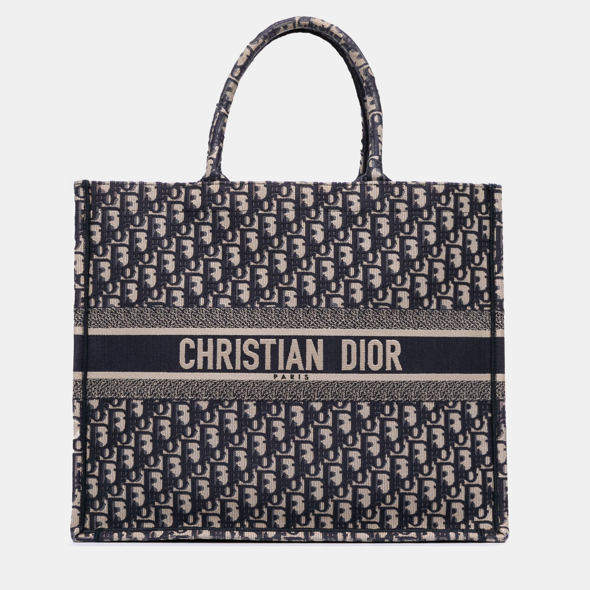 Pre-owned Dior Navy Blue Large Oblique Canvas Book Tote