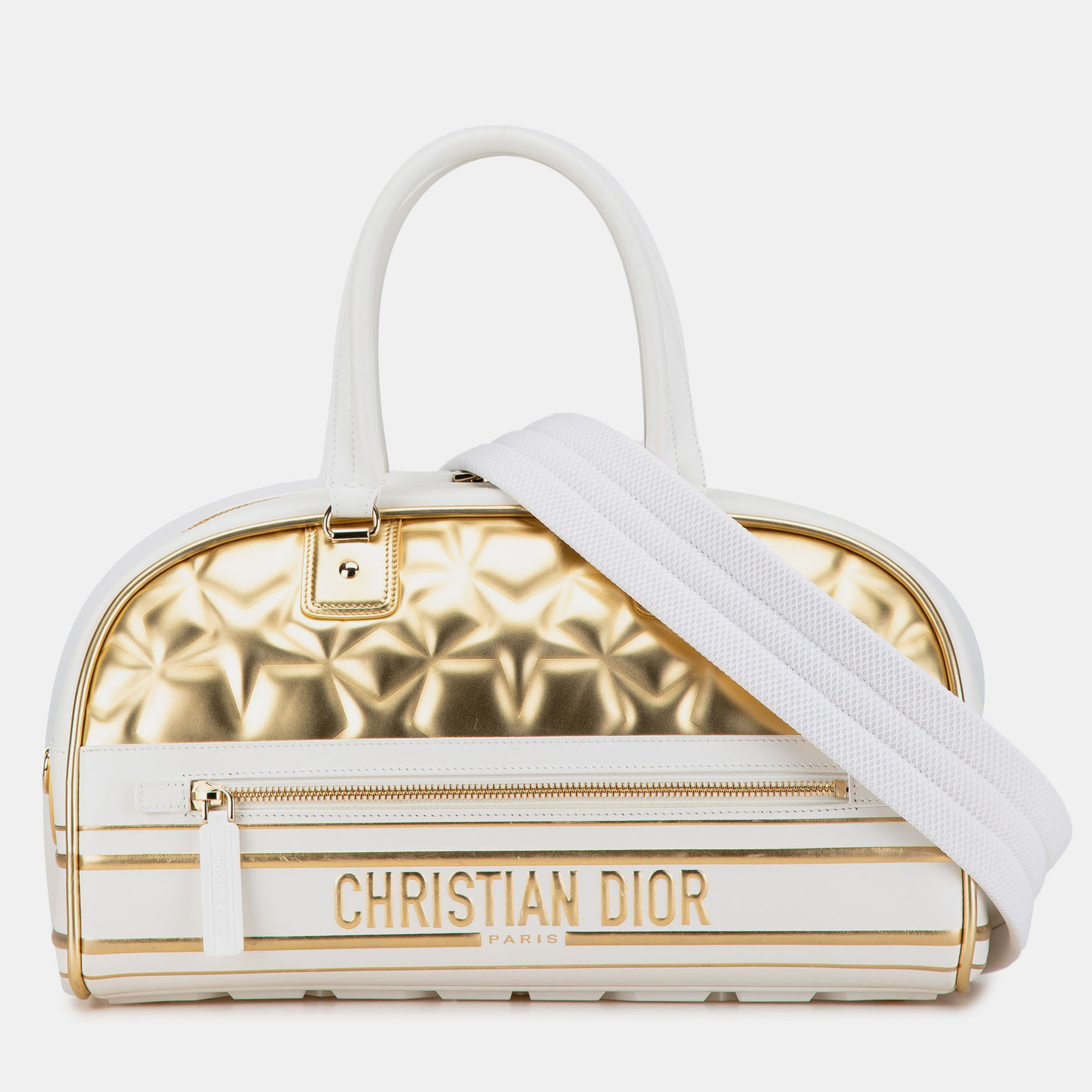

Dior Gold White Medium Padded Etoile Leather Vibe Zip Bowling Bag