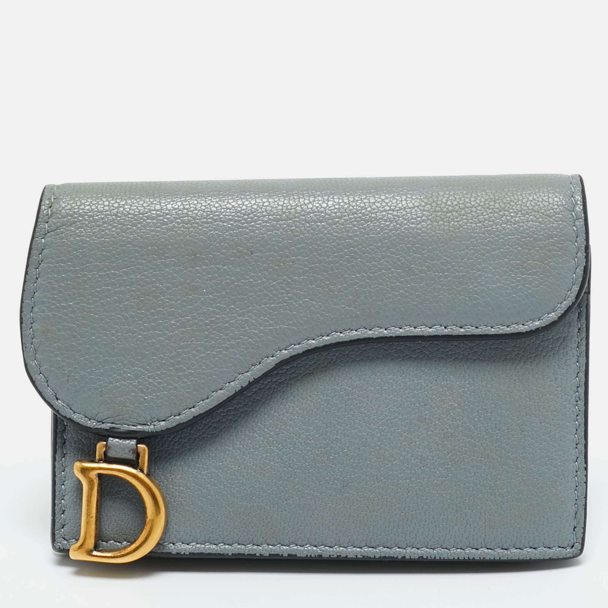Pre-owned Dior Light Blue Leather Saddle Card Case
