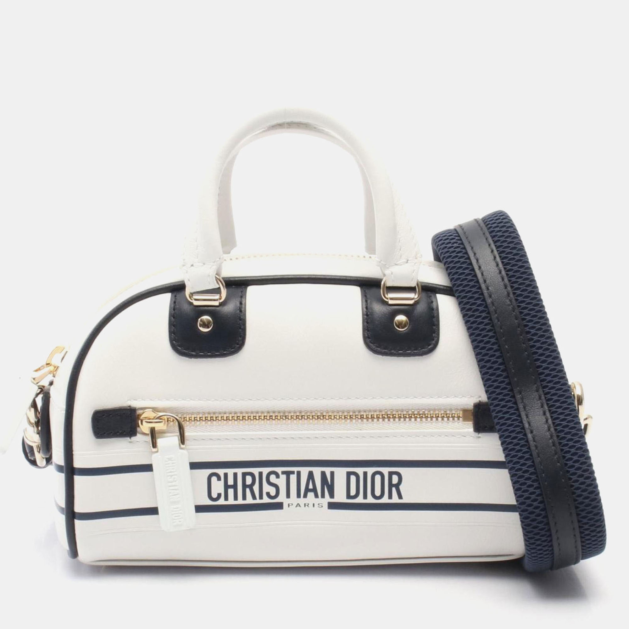 Pre-owned Dior Christian Vibe Mini Handbag Leather White Navy In Blue