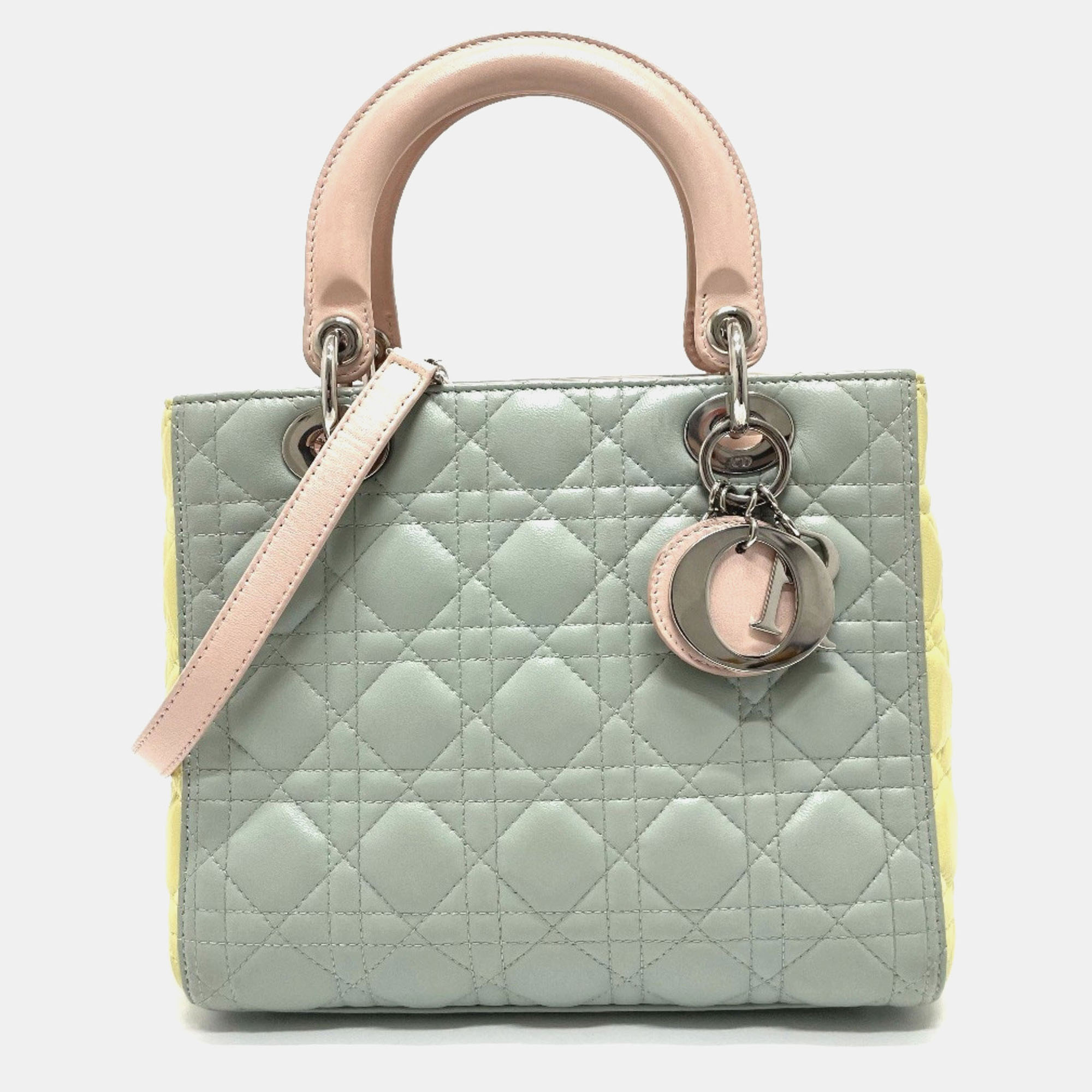 

Christian Dior Dior Cannage Lady 2-Way Handbag Leather Blue X Yellow Pink, Multicolor