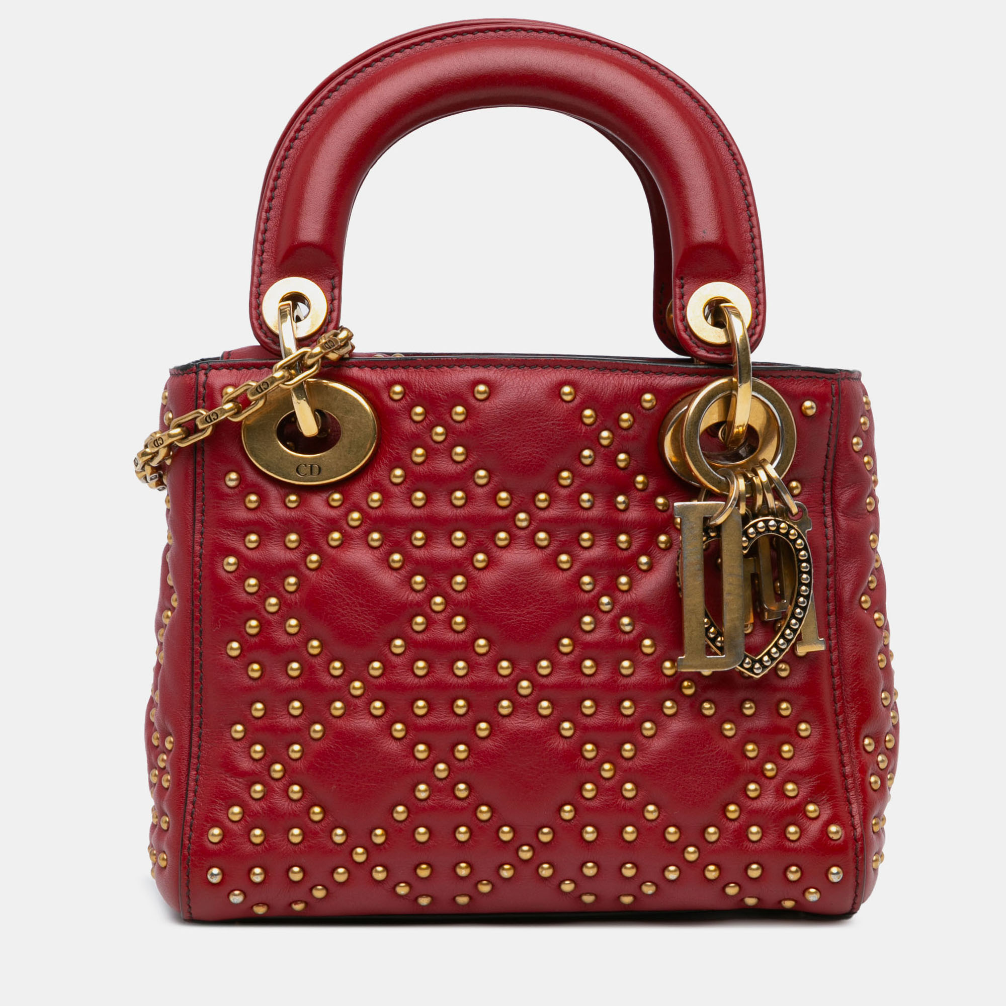 

Dior Red Mini Lambskin Cannage Studded Supple Lady Dior