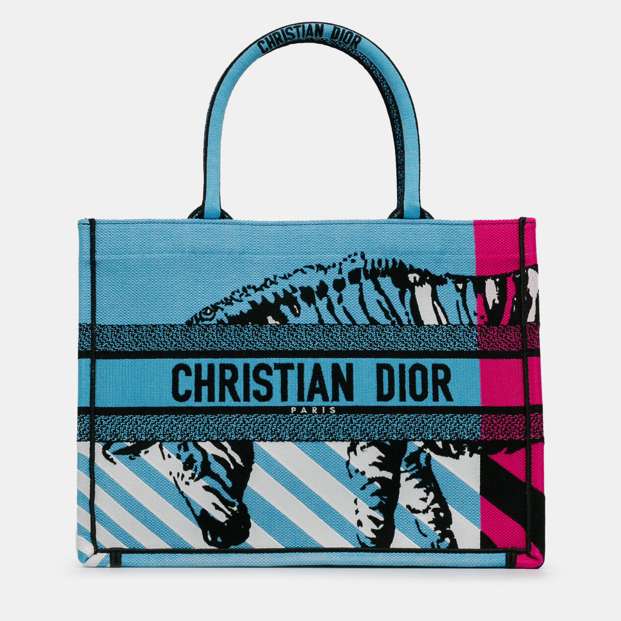 Pre-owned Dior Blue Medium Embroidered Canvas Zebra D Jungle Pop Book Tote