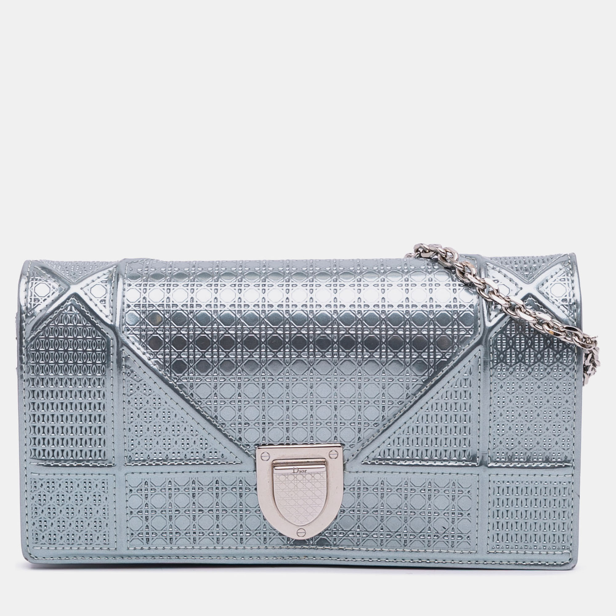 

Dior Blue Metallic Patent Microcannage Diorama Wallet on Chain