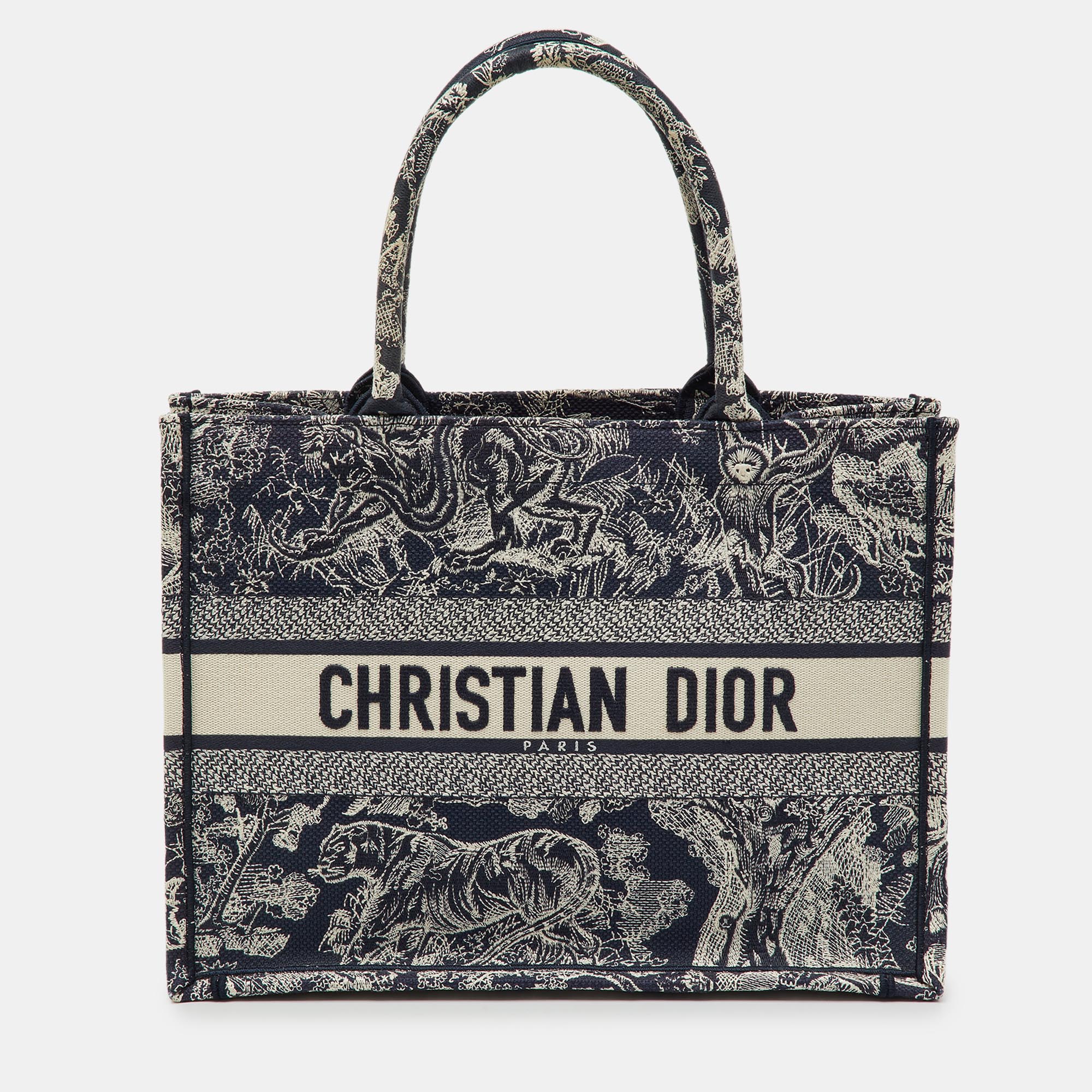 

Dior Navy Blue/Beige Toile De Jouy Embroidered Canvas Medium Book Tote