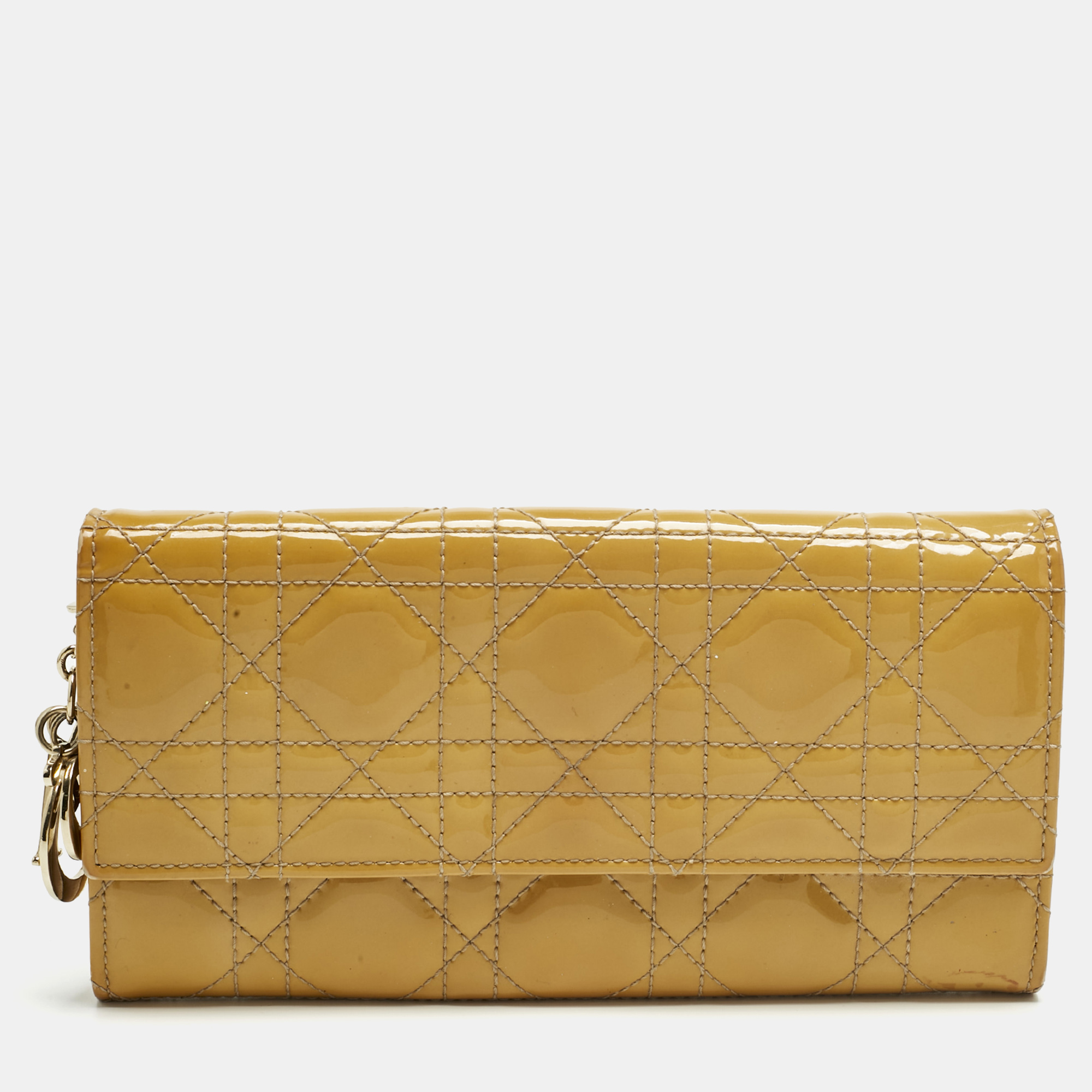

Dior Mustard Cannage Patent Leather Lady Dior Rendezvous Wallet on Chain, Yellow