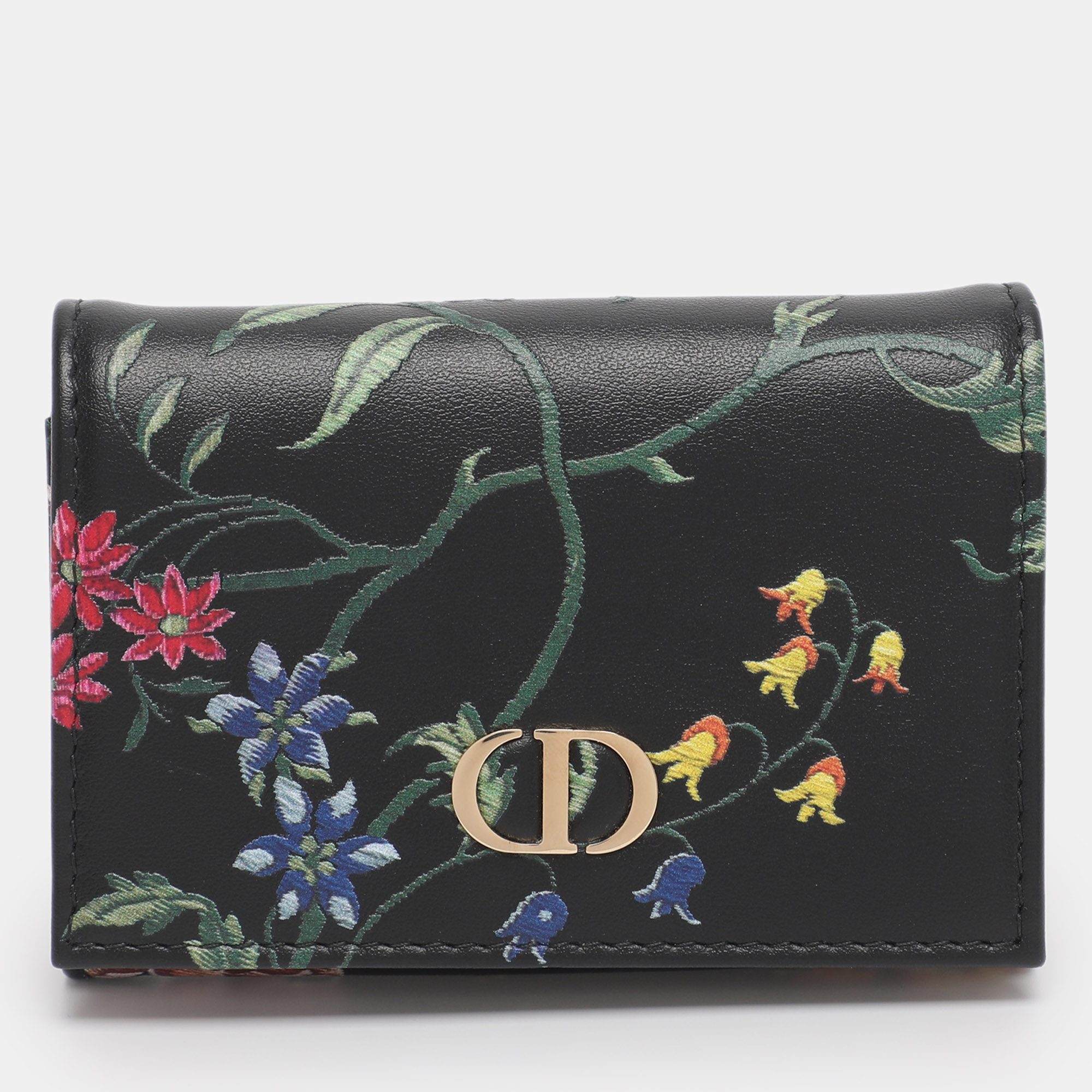 Pre-owned Dior Black Leather Petites Fleurs Embroidered Caro Glycine Wallet
