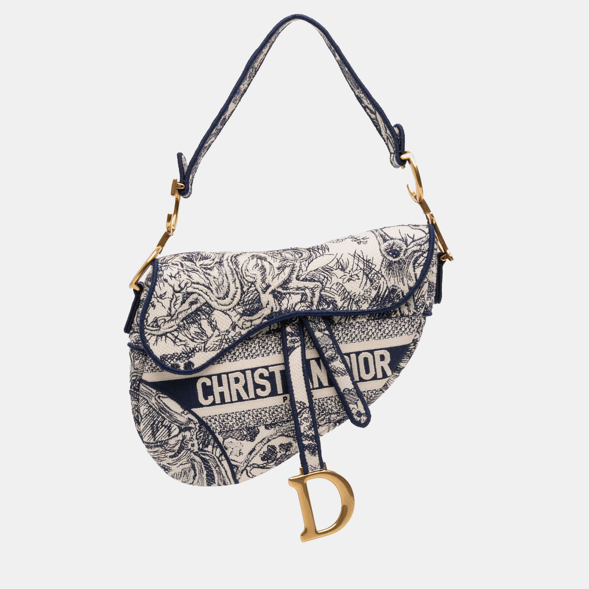 Pre-owned Dior Navy Blue Canvas Embroidered Toile De Jouy Saddle Bag