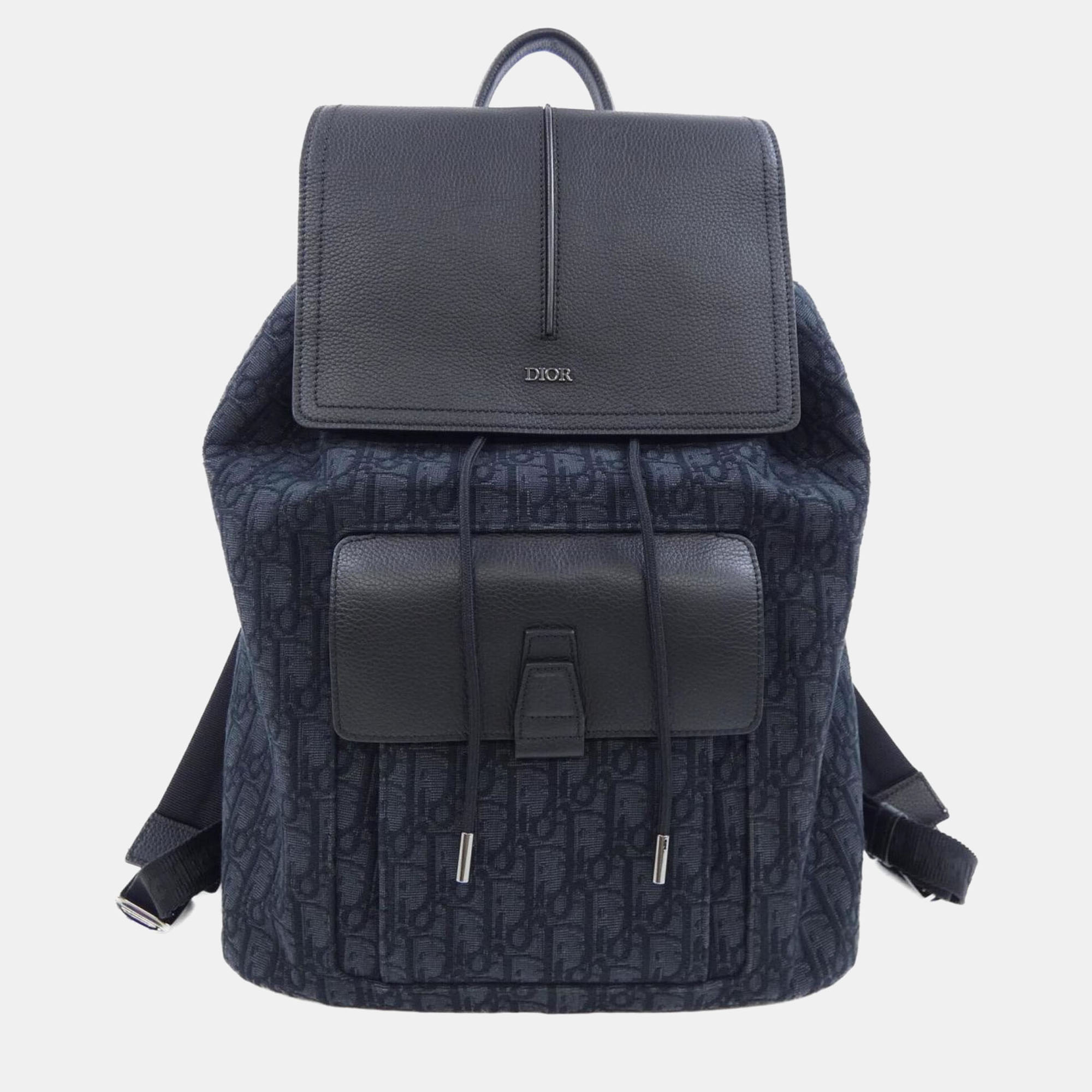 Pre-owned Dior Christian  Leather Canvas Navy Backpack In Black