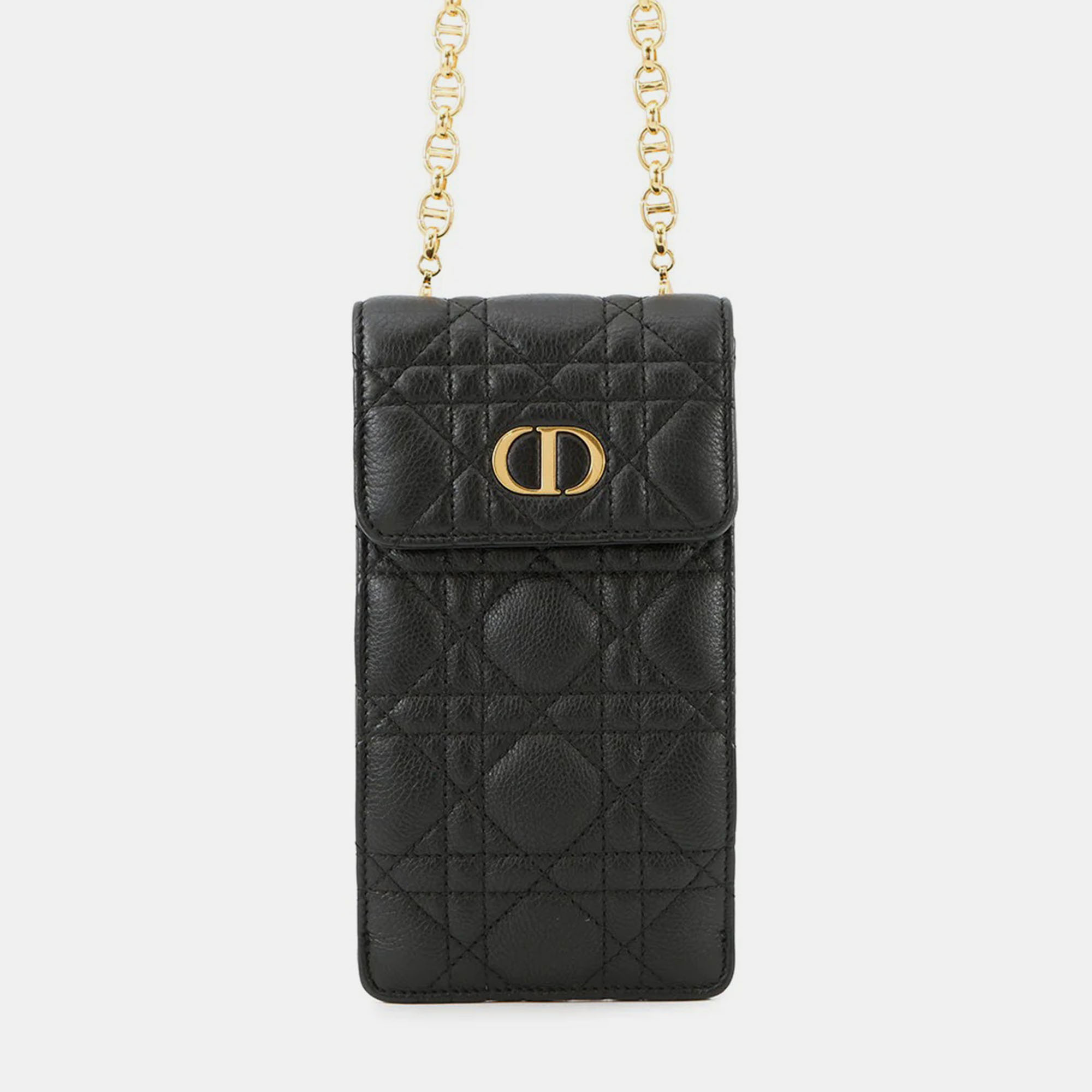 Pre-owned Dior Cannage Caro Phone Holder Black Calf Leather