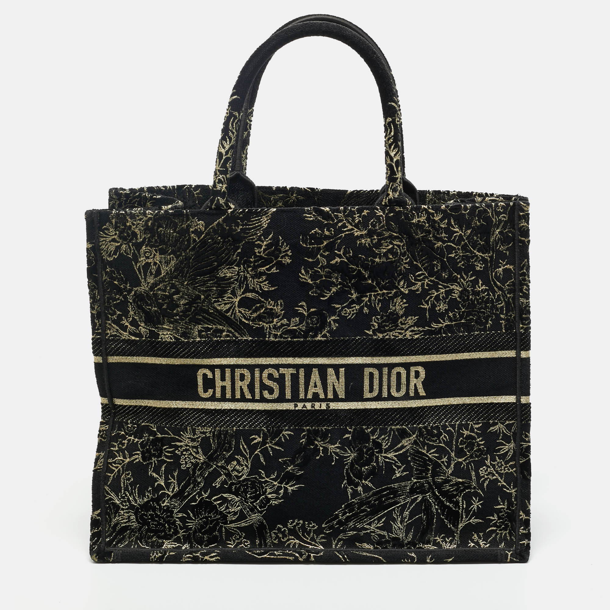 Pre-owned Dior Black/gold Embroidered Canvas Large Jardin D'hiver Book Tote