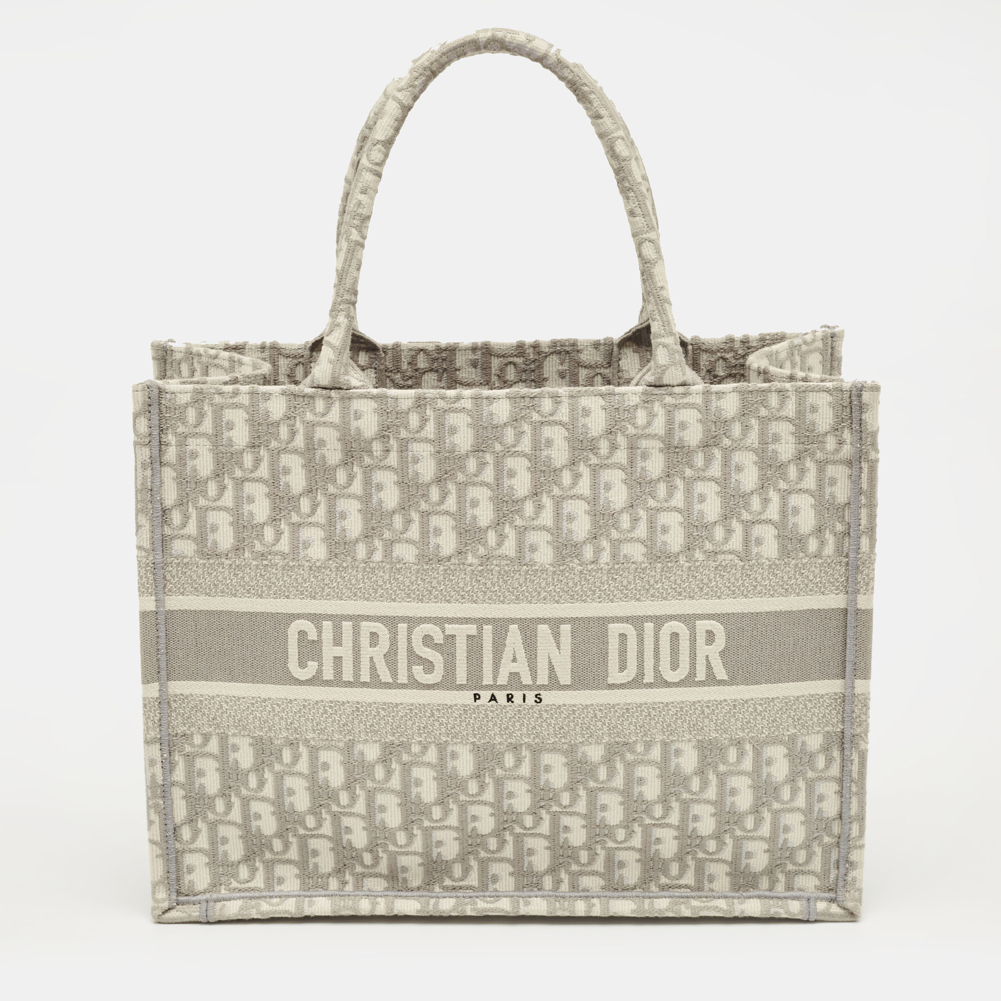 Pre-owned Dior Grey Oblique Embroidered Canvas Medium Book Tote In Gray