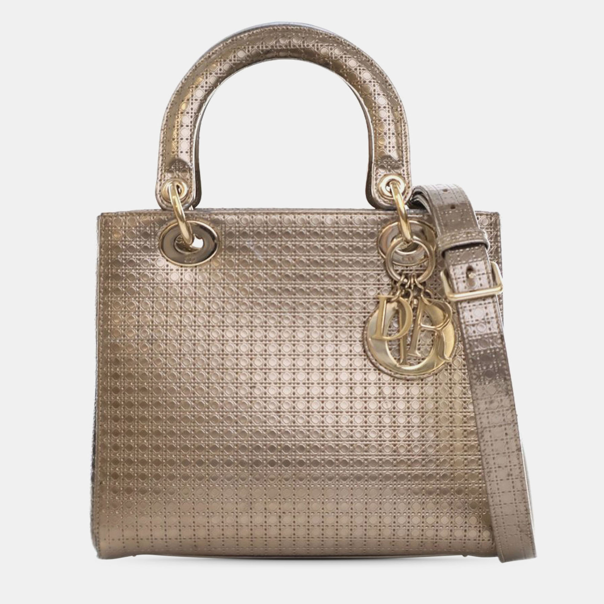 

Dior Gold Medium Metallic Patent Microcannage Lady Dior