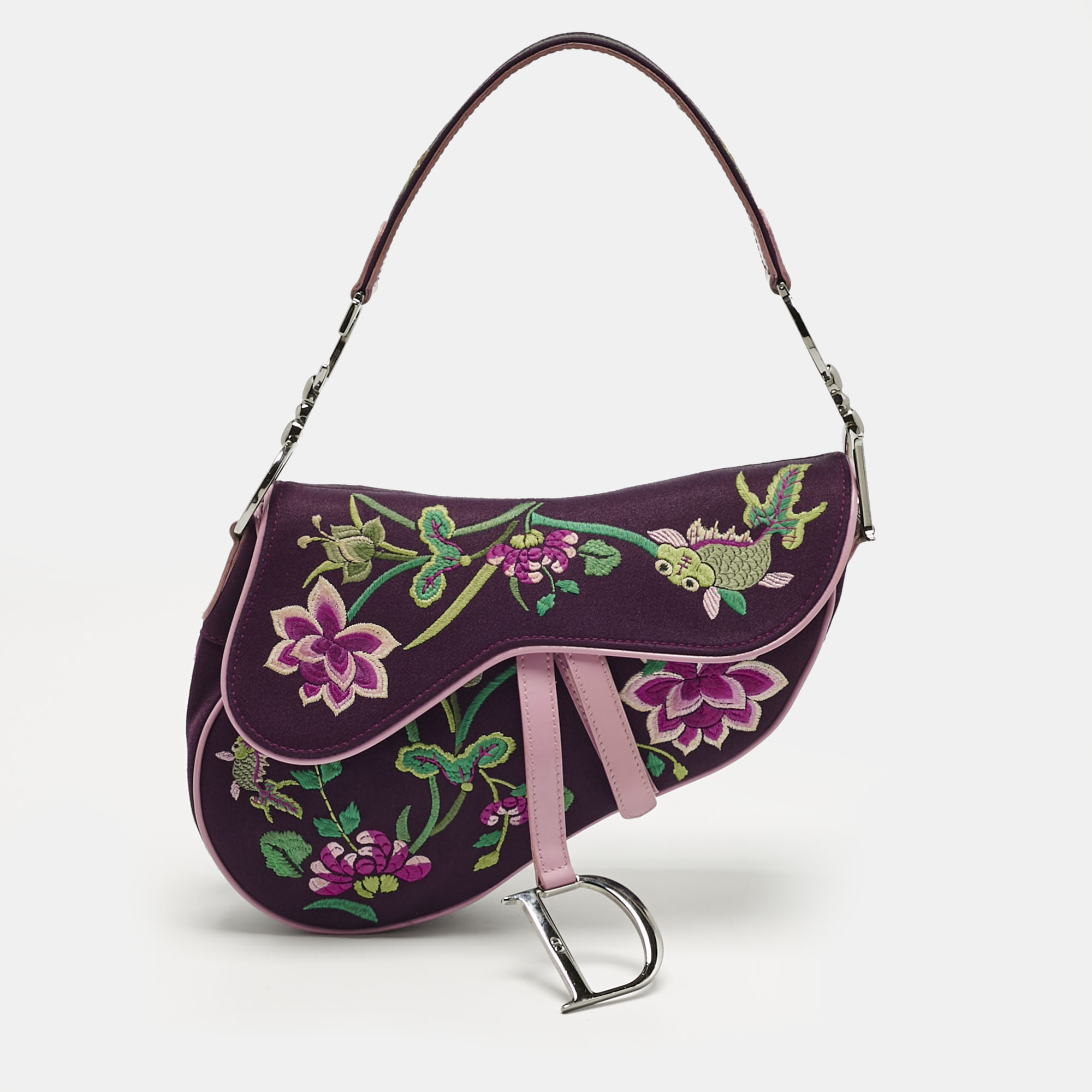 

Dior Purple/Pink Embroidered Silk Limited Edition 0336 Floral And Koi Saddle Bag