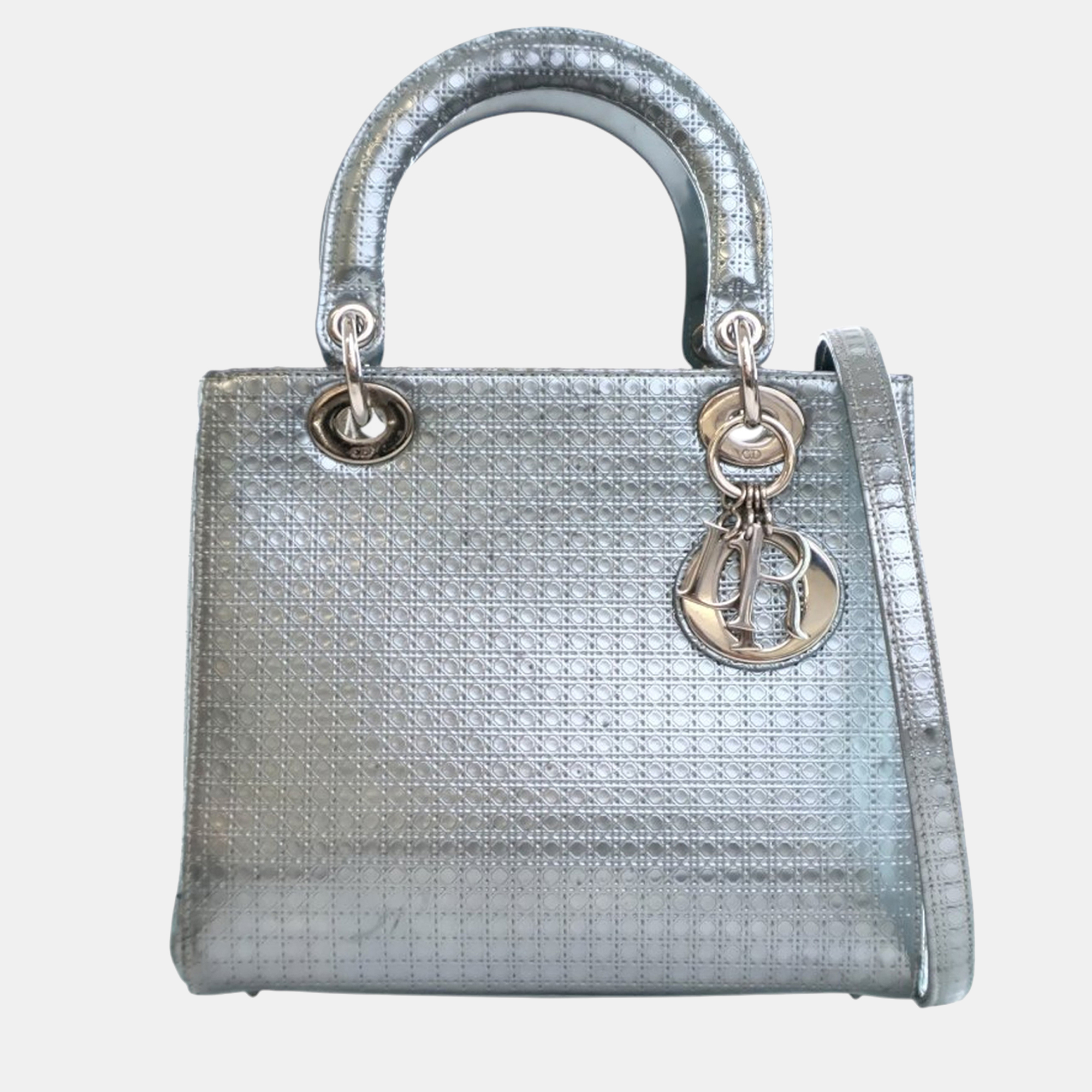

Dior Silver Medium Metallic Patent Microcannage Lady Dior