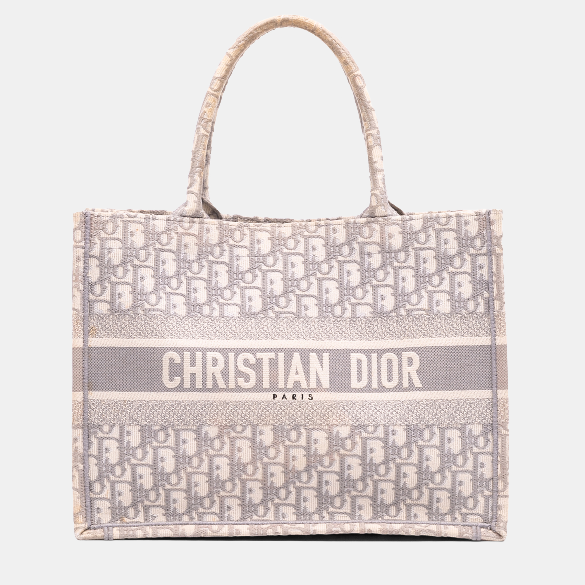 Pre-owned Dior Grey Medium Oblique Embroidered Canvas Book Tote In Gray